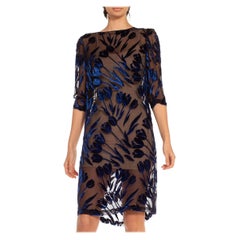 1980S Black & Blue Silk Chiffon Velvet Tulip Dress