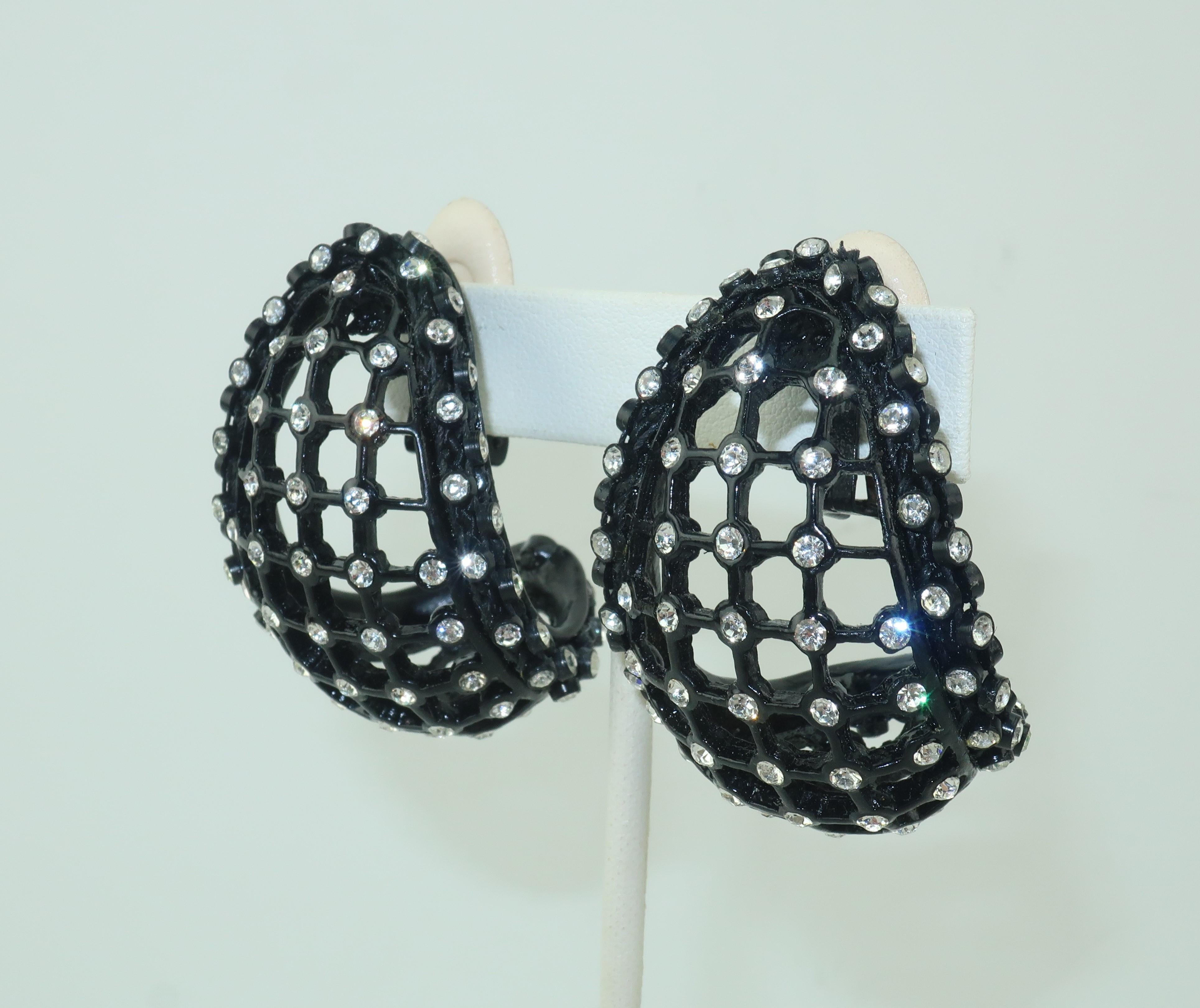 Modern 1980's Black Cage Earrings With Rhinestones