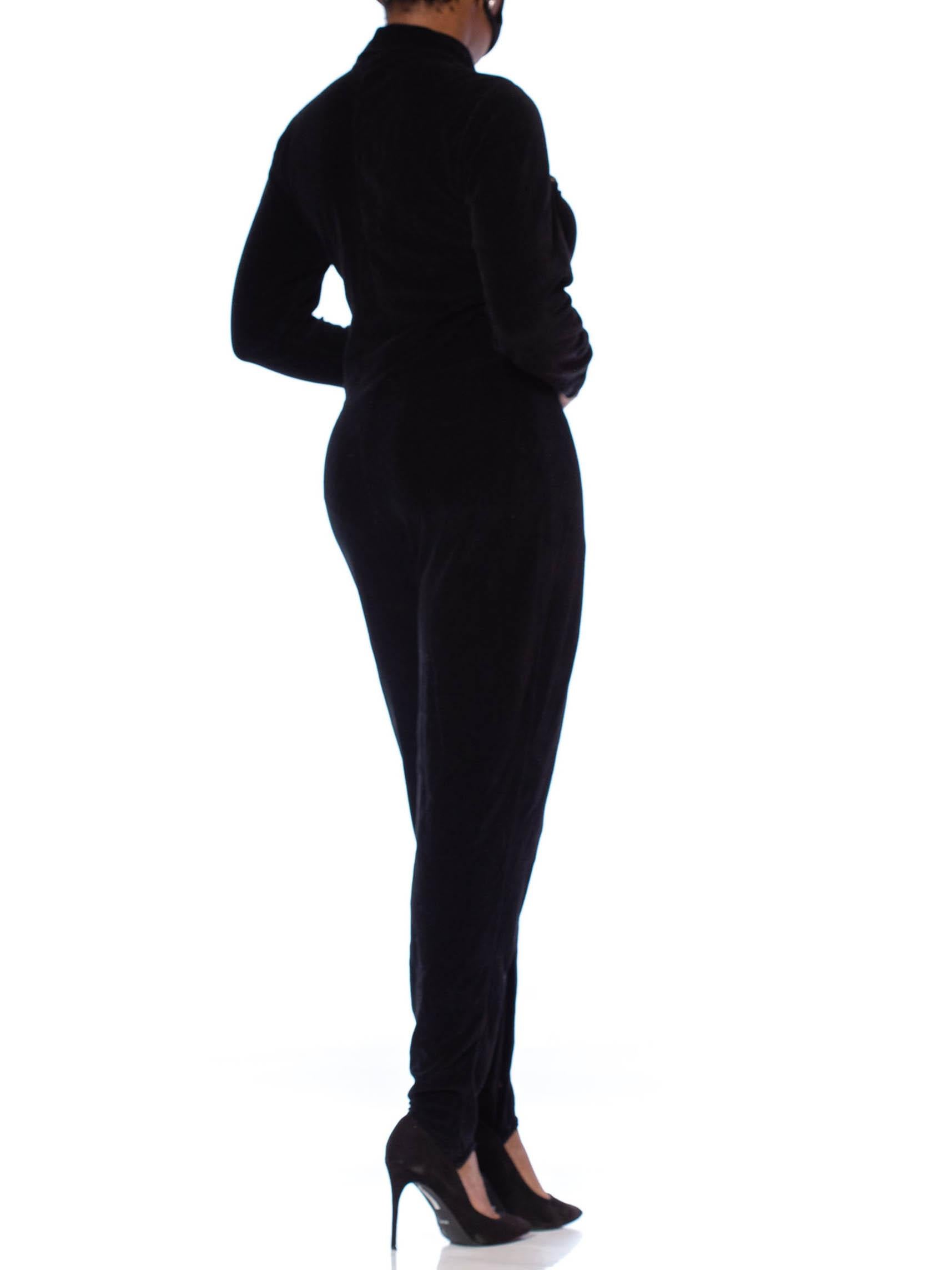 1980S Black Cotton Blend Stretch Velvet Long Sleeve Stirrup Pant Jumpsuit With  For Sale 3