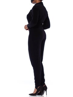 1980S Black Cotton Blend Stretch Velvet Long Sleeve Stirrup Pant Jumpsuit With
