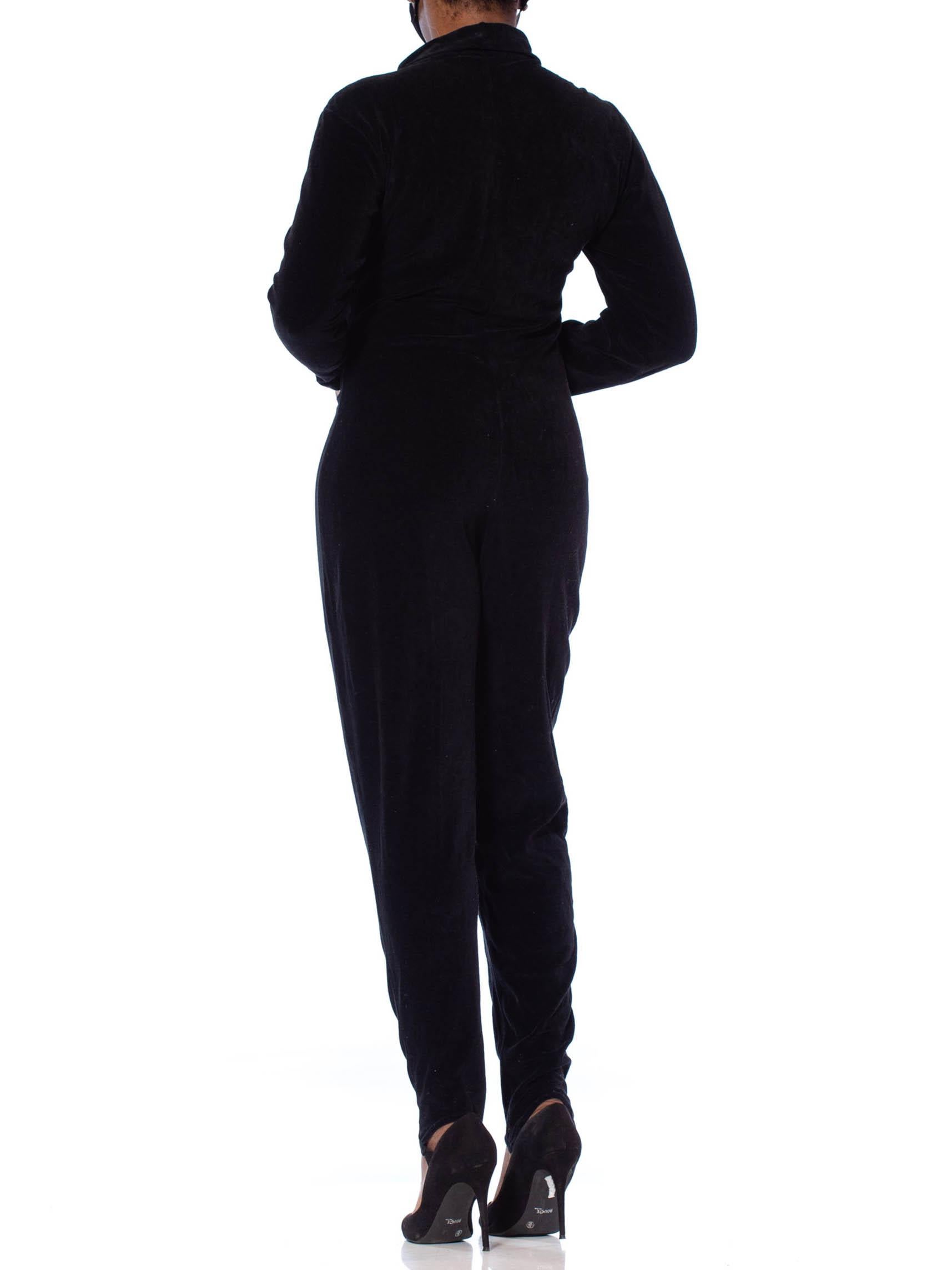 1980S Black Cotton Blend Stretch Velvet Long Sleeve Stirrup Pant Jumpsuit With  In Excellent Condition For Sale In New York, NY