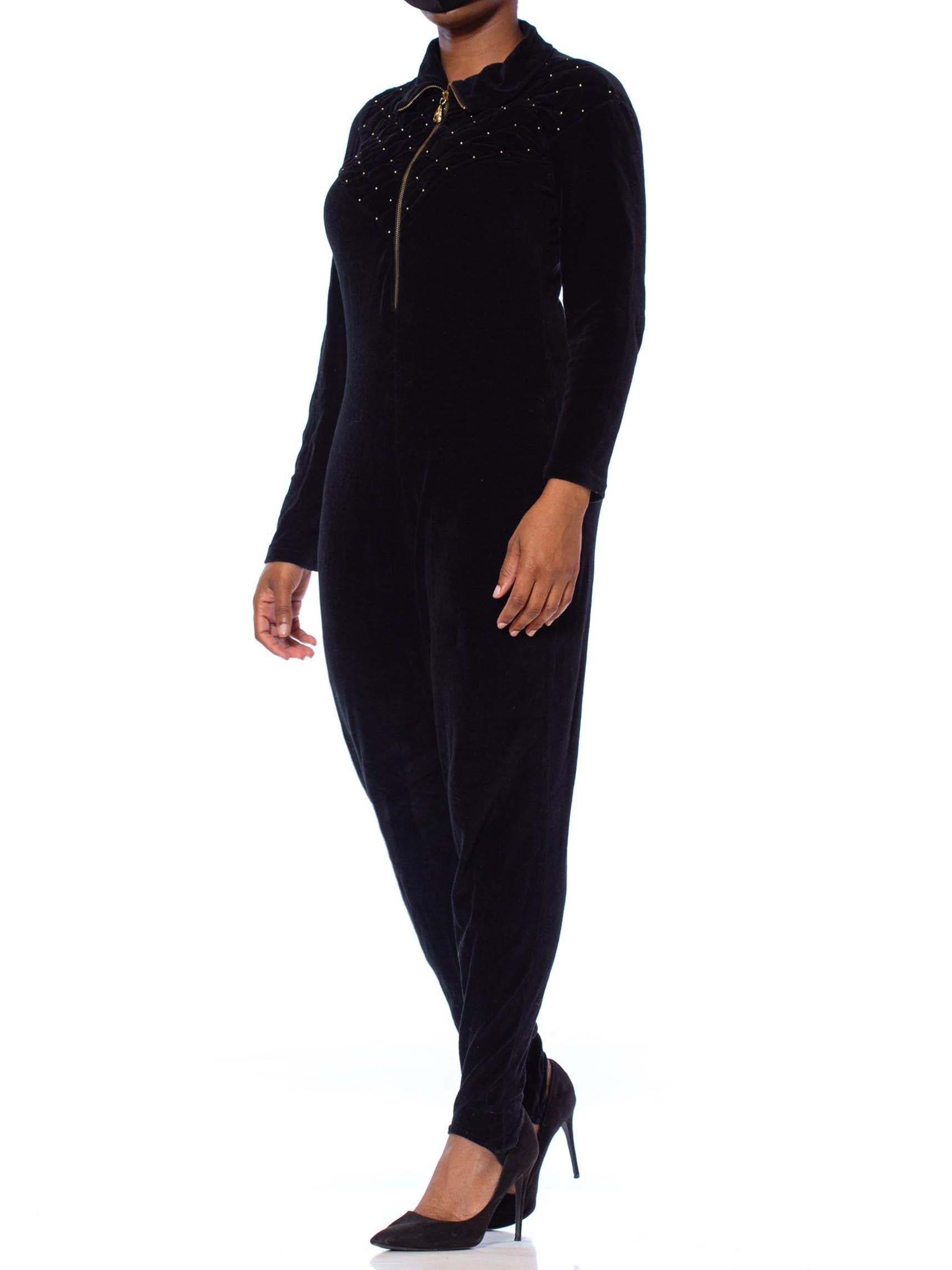 Women's 1980S Black Cotton Blend Stretch Velvet Long Sleeve Stirrup Pant Jumpsuit With  For Sale