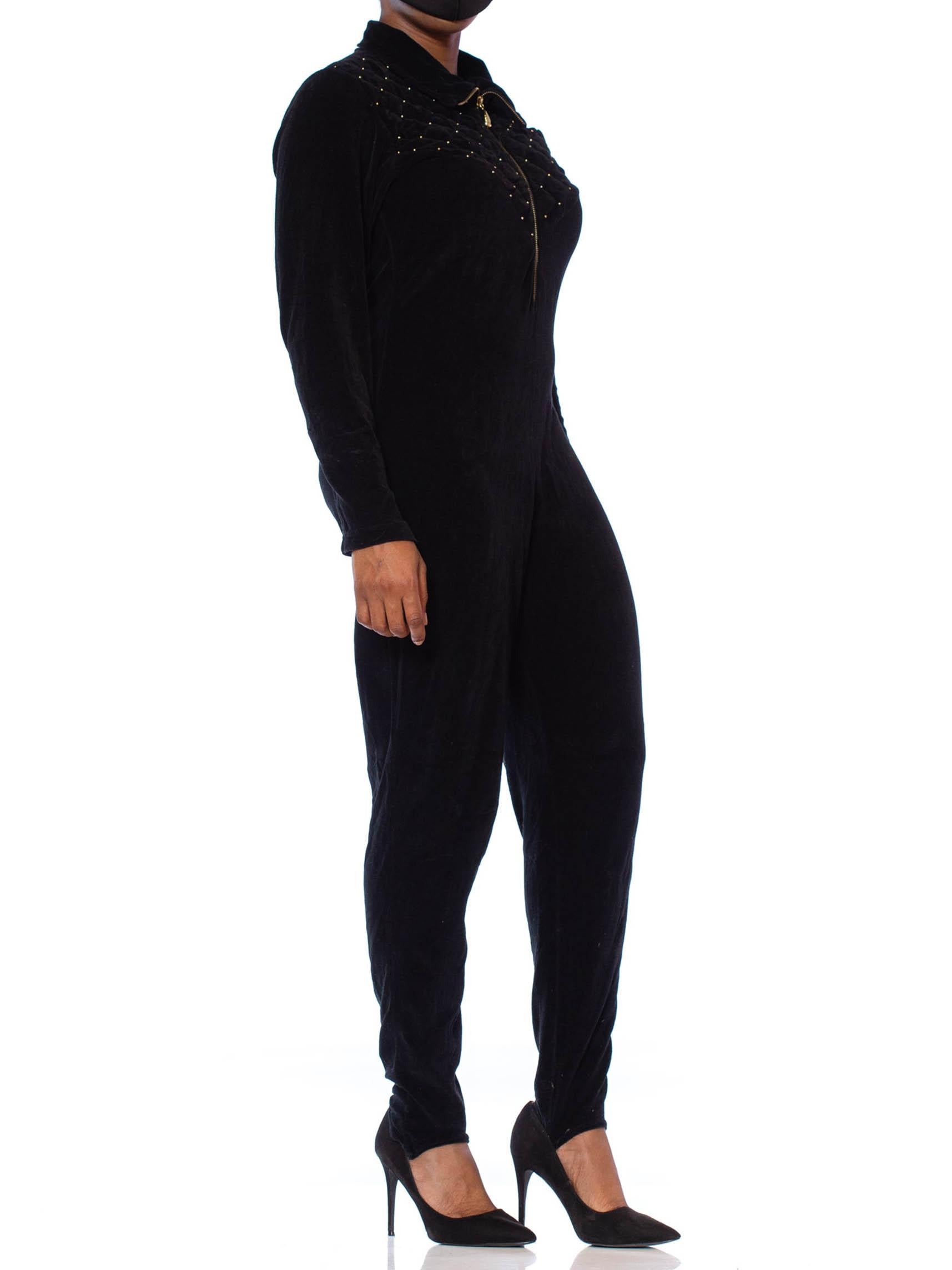 1980S Black Cotton Blend Stretch Velvet Long Sleeve Stirrup Pant Jumpsuit With  For Sale 1