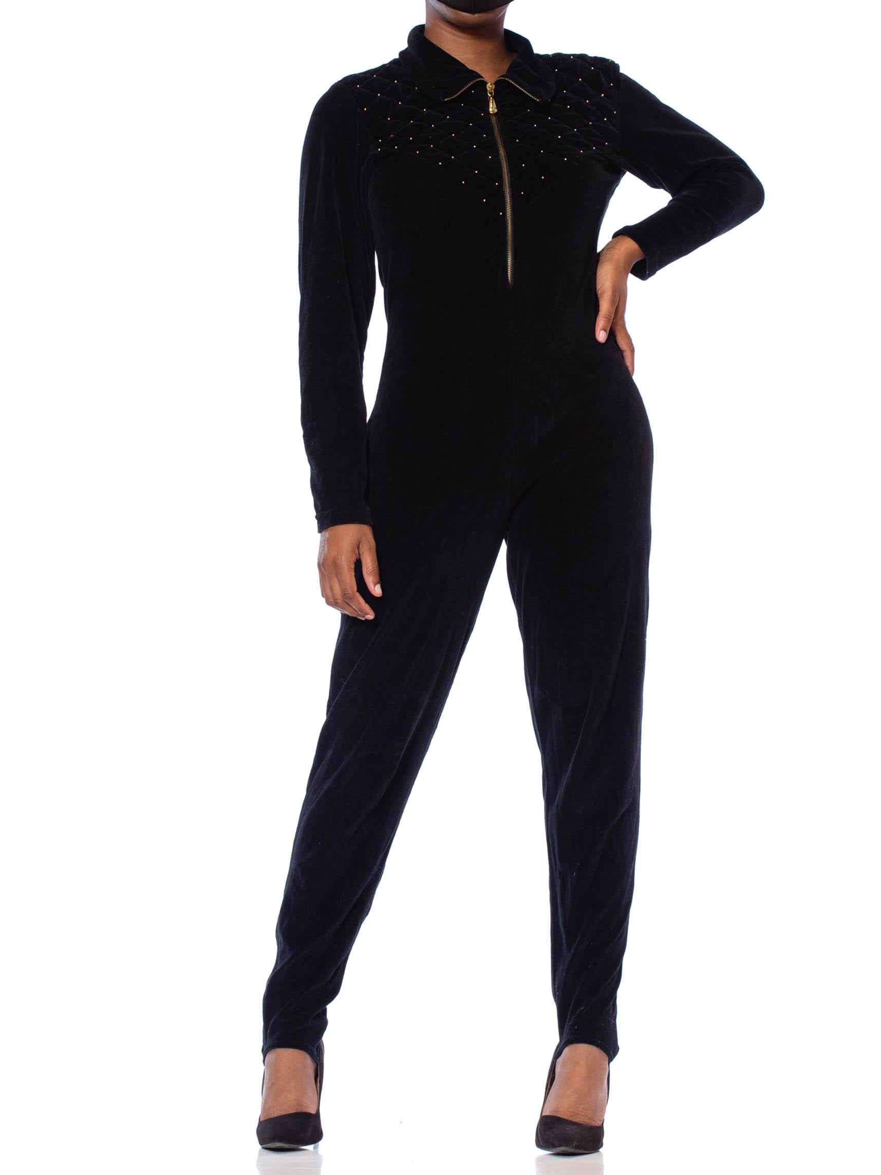 1980S Black Cotton Blend Stretch Velvet Long Sleeve Stirrup Pant Jumpsuit With  For Sale 2
