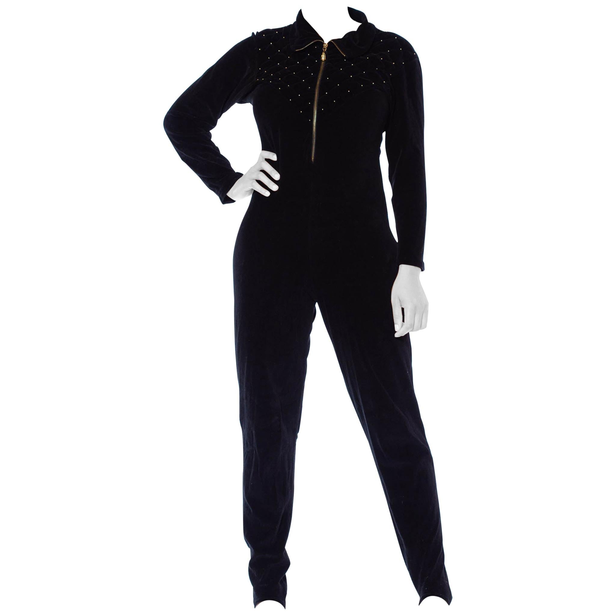 1980S Black Cotton Blend Stretch Velvet Long Sleeve Stirrup Pant Jumpsuit With  For Sale