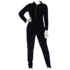 Vintage 1980S Black Cotton Blend Stretch Velvet Long Sleeve Stirrup Pant Jumpsuit With 