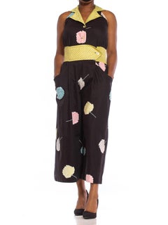 1980S Black Cotton Sateen Jumpsuit With Yellow Polka Dot Elastic Waist & Pink Fl