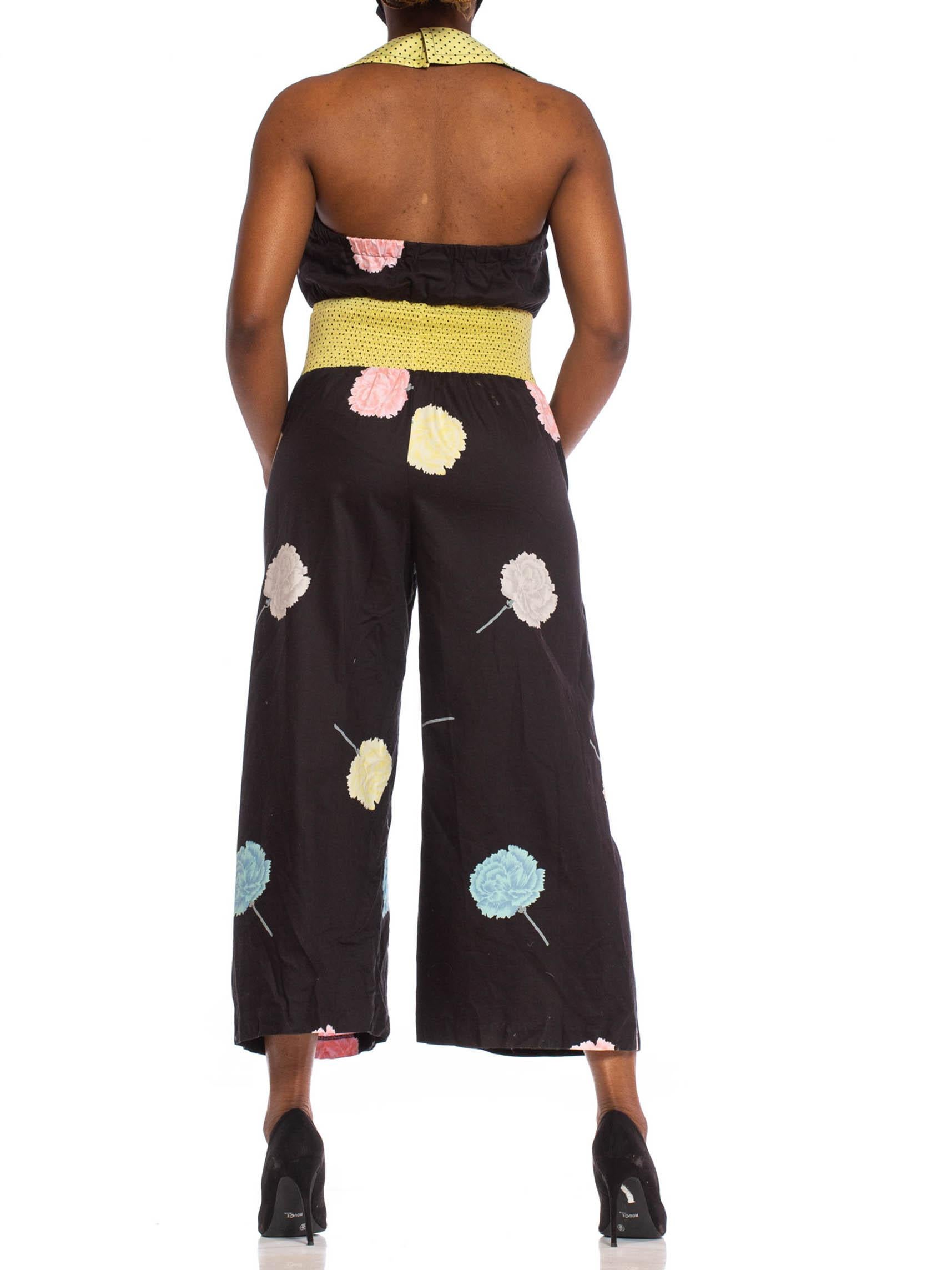 1980S Black Cotton Sateen Jumpsuit With Yellow Polka Dot Elastic Waist & Pink Fl In Excellent Condition In New York, NY