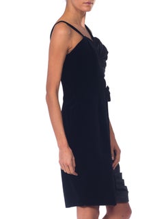 1980S Black Cotton Velvet & Gathered Taffeta French Vintage Cocktail Dress