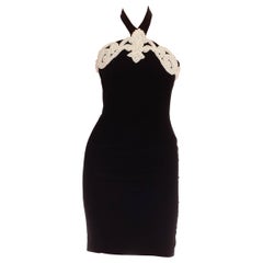 1980S Black & Cream Silk Velvet Beaded Pearl Halter Neck Cocktail Dress