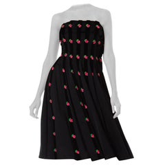 1950S Black Satin & Velvet Strapless Cocktail Dress With Pink Embroidered Roses