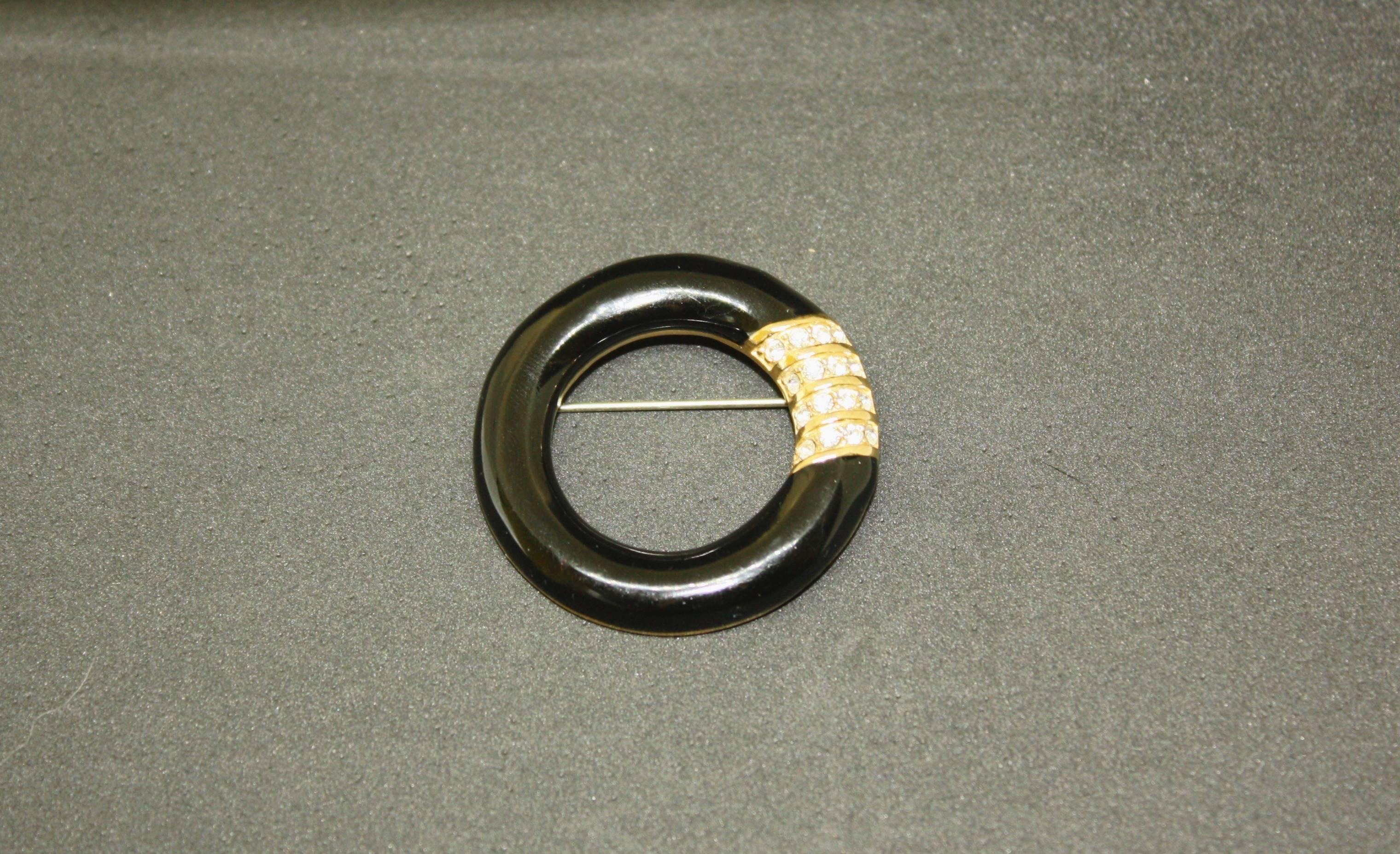 1980's Black Enamel Circle Brooch by Swarovski America Limited In Excellent Condition In Rushden, GB