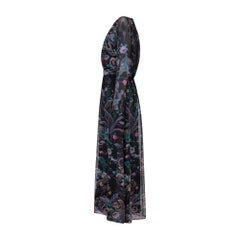 1980s Black Floral Georgette Maxi Dress with Belt