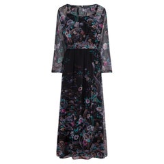 1980s Black Floral Georgette Maxi Dress with Belt