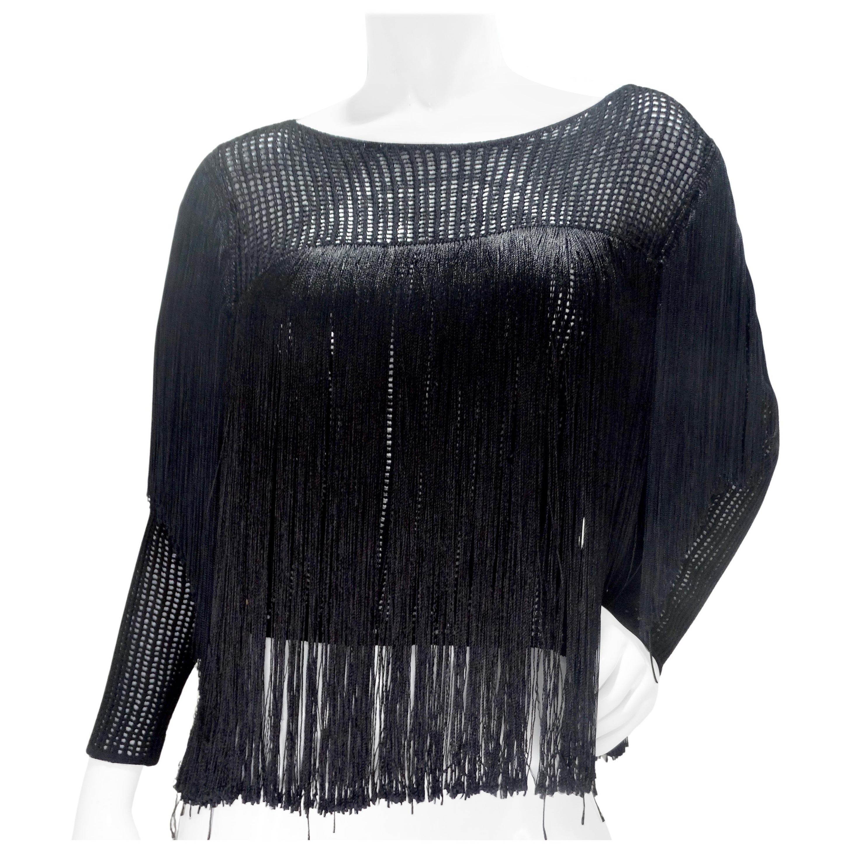 1980s Black Fringe Long Sleeve Top