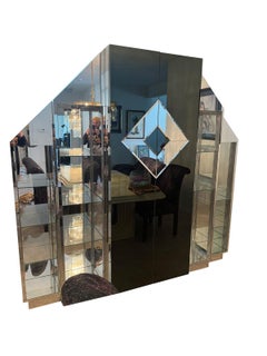 1980s Black Glass & Mirrored Illuminated Dry Bar Storage Shelving Unit