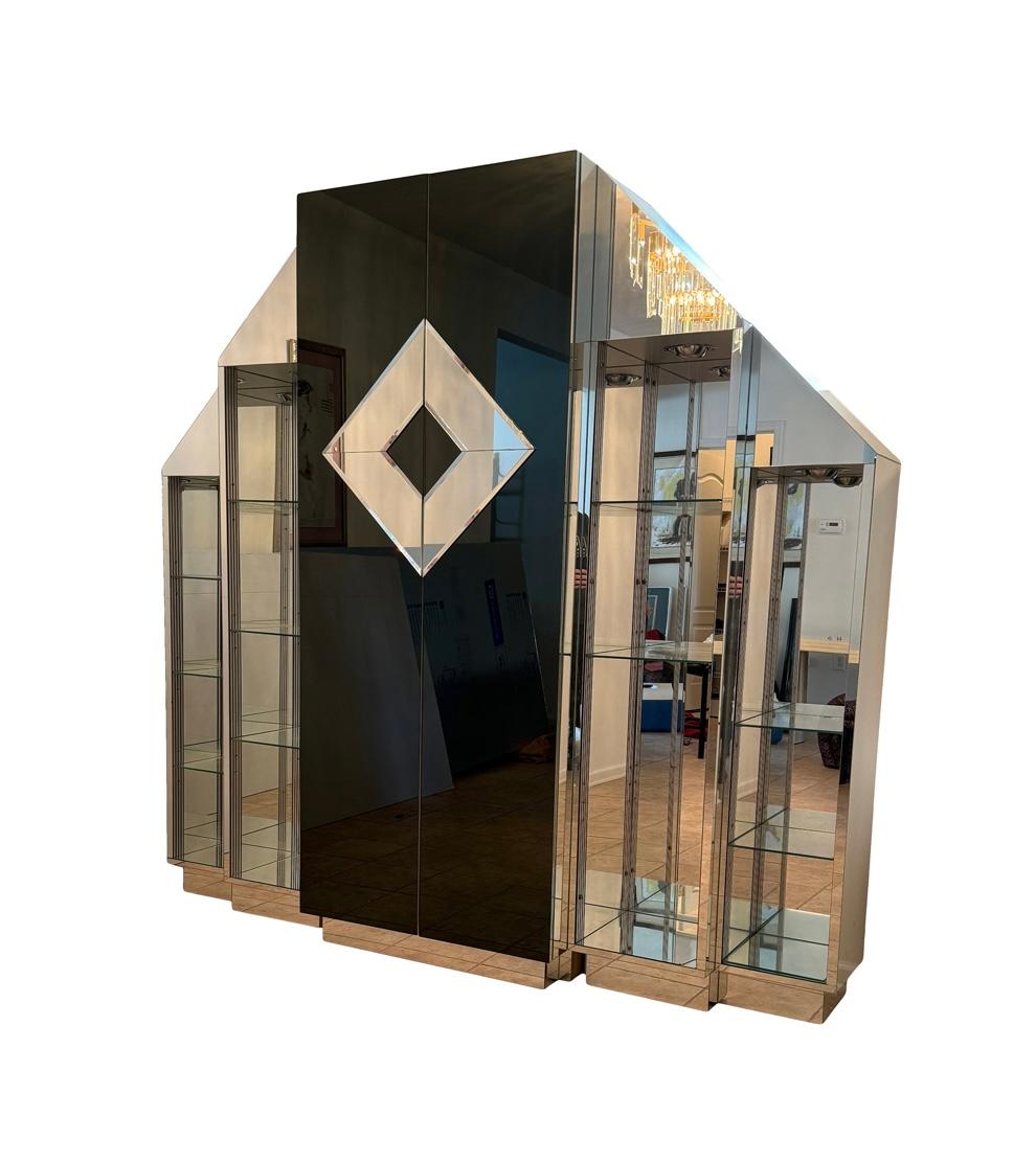 Estantería iluminada de cristal negro y espejo para bar seco de los años 80 Posmoderno en venta