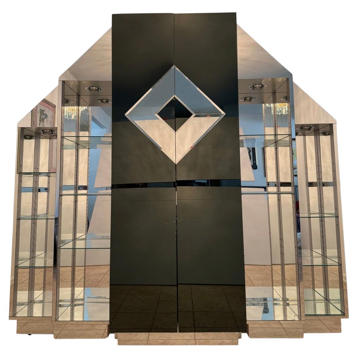 1980 Verre noir et miroir, étagère de rangement éclairée pour Dry Bar