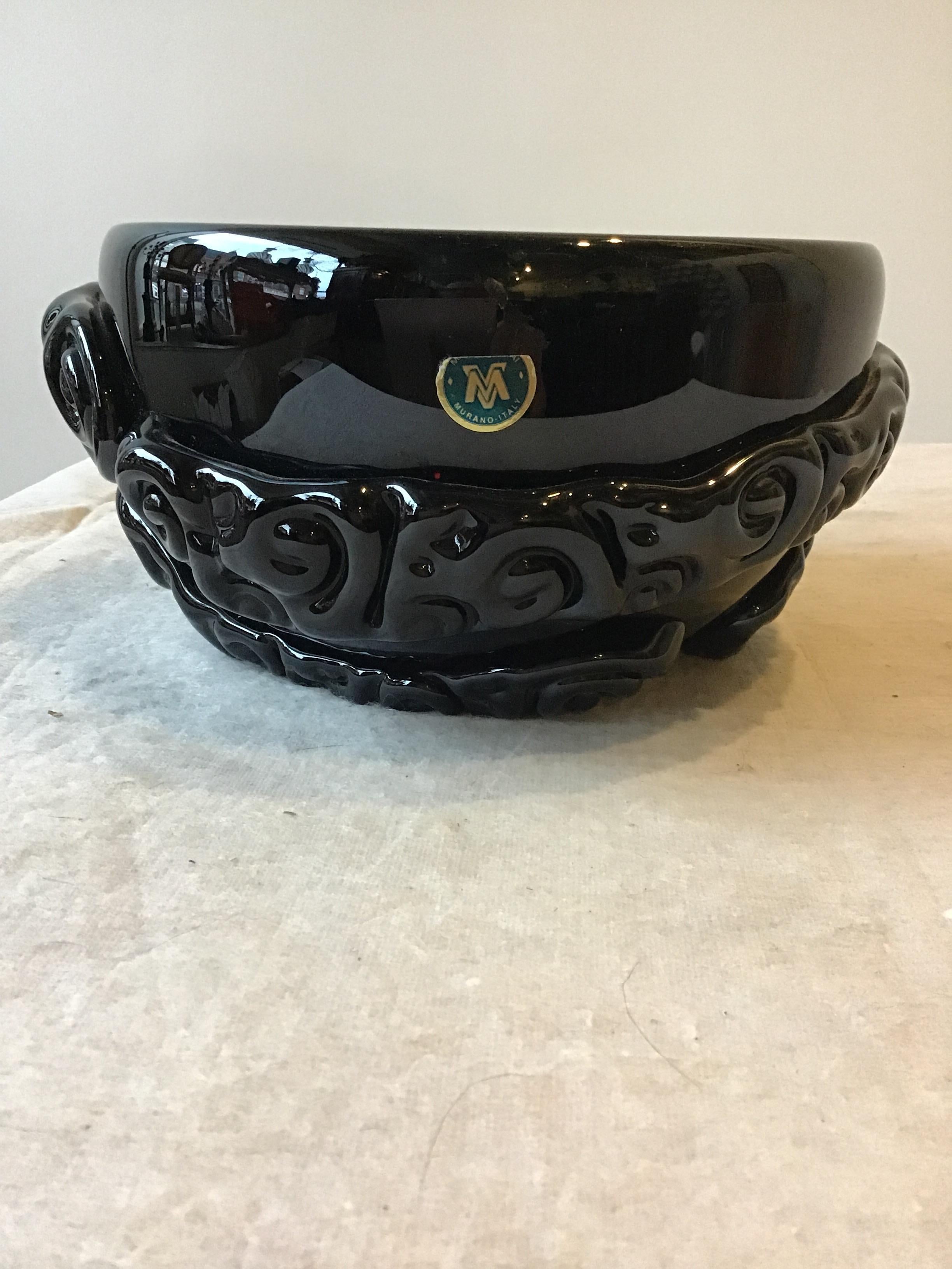 1980s unique black glass Murano abstract bowl.