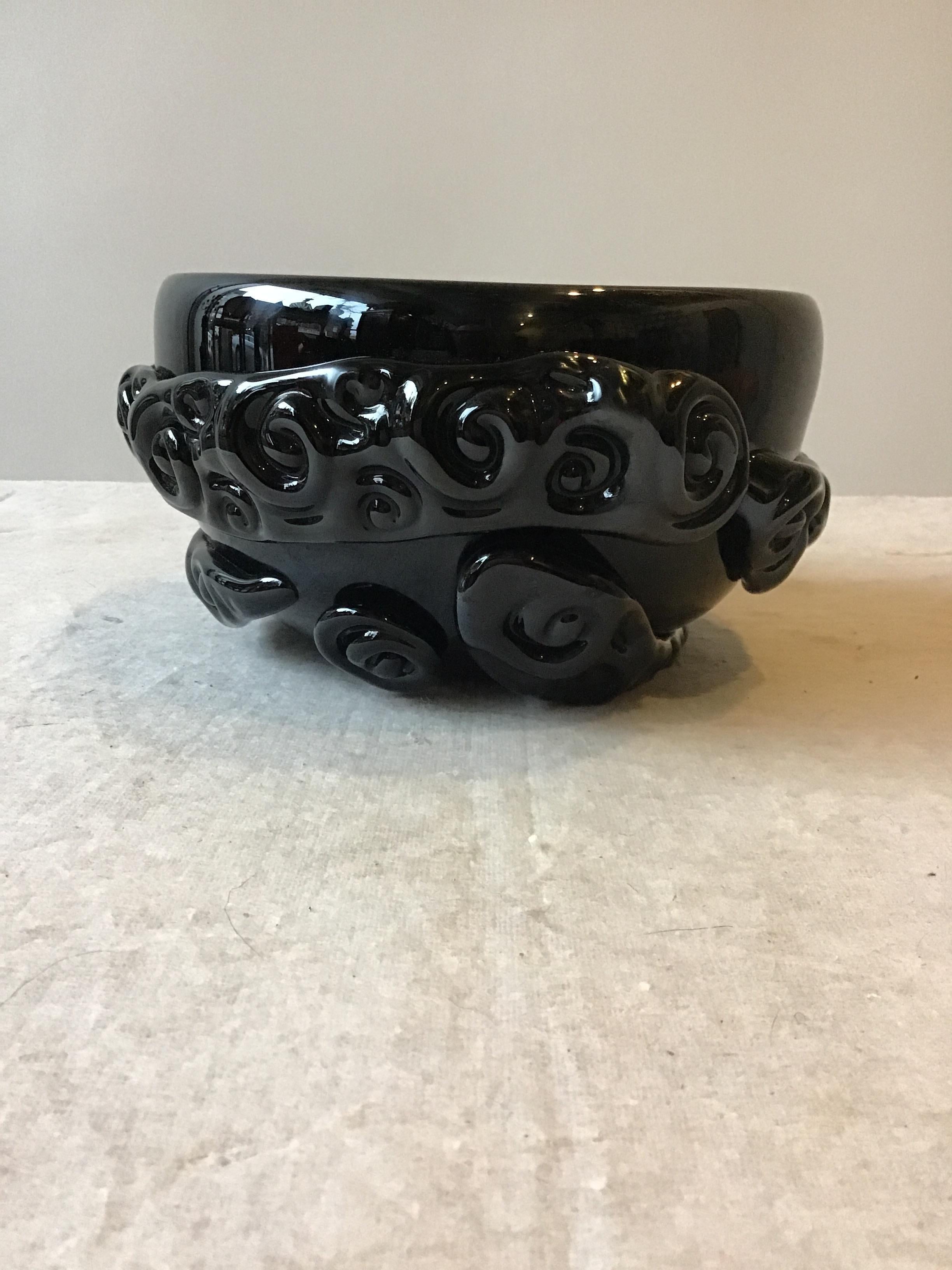 1980s Black Glass Murano Abstract Bowl In Good Condition In Tarrytown, NY