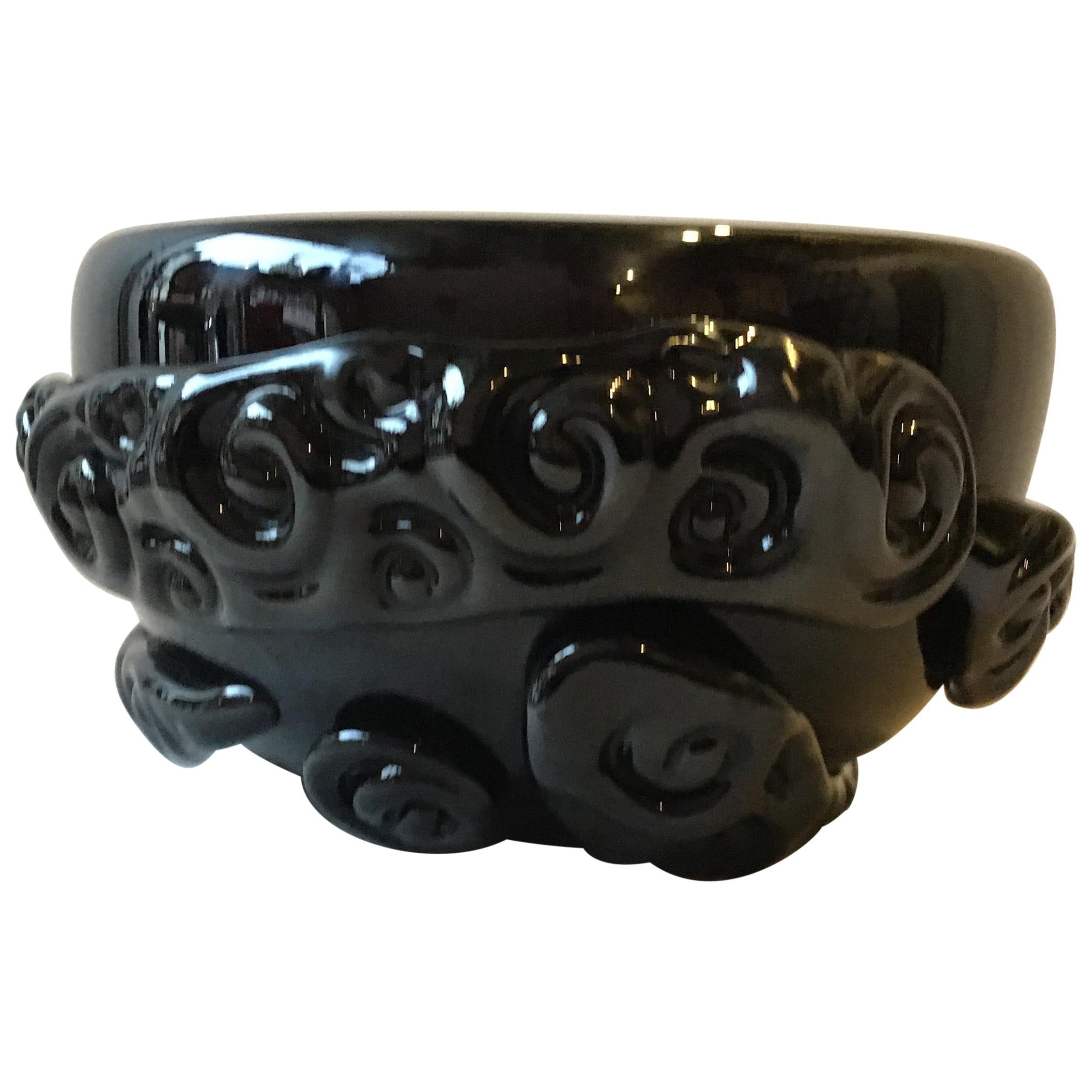 1980s Black Glass Murano Abstract Bowl