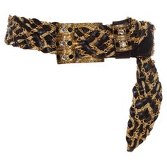 1980S Black & Gold Bedazzled, Interwoven Chain Leather Belt