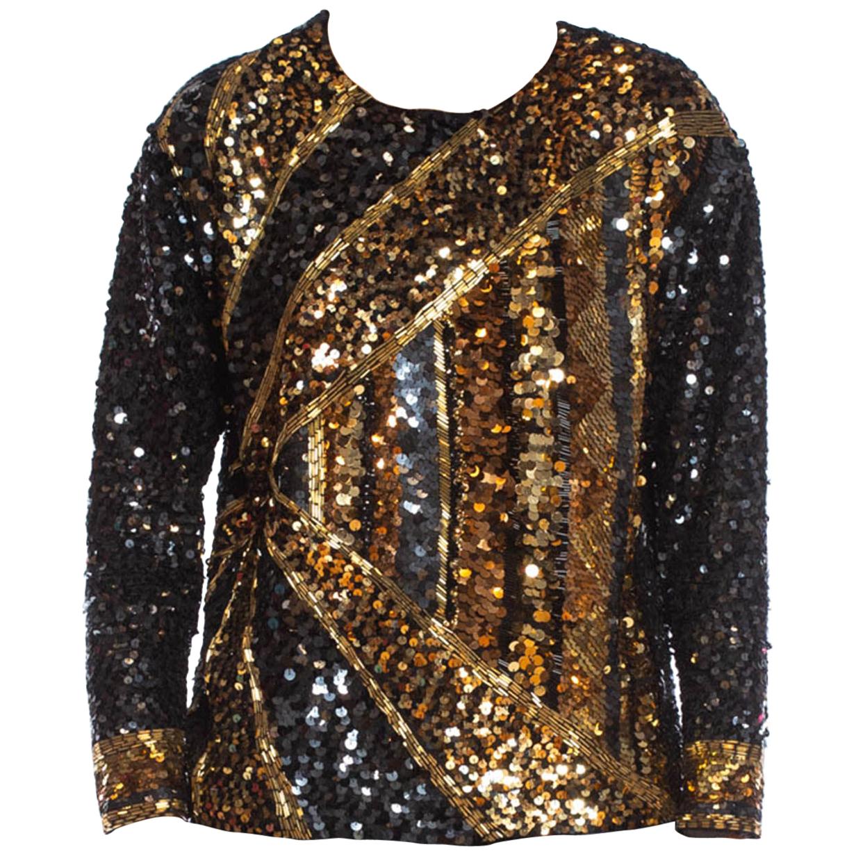 1980S Black 
Gold Hand Beaded Silk Rayon Long Sleeve Shell Top