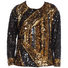 1980S Black & Gold Hand Beaded Silk Rayon Long Sleeve Shell Top