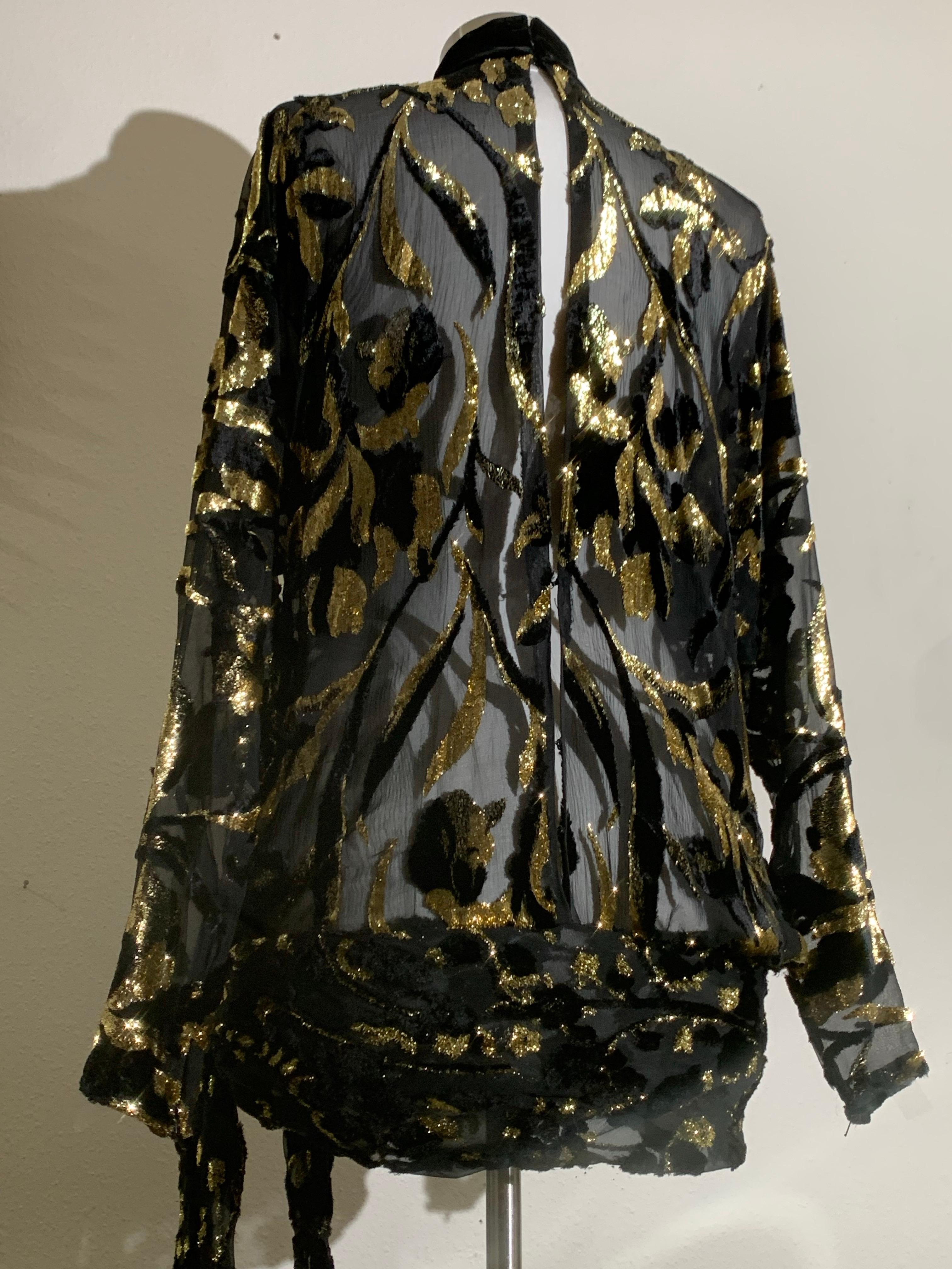 Top in velluto Devore in lurex nero e oro degli anni '80 con maniche lunghe e fusciacca legata ai fianchi in vendita 6