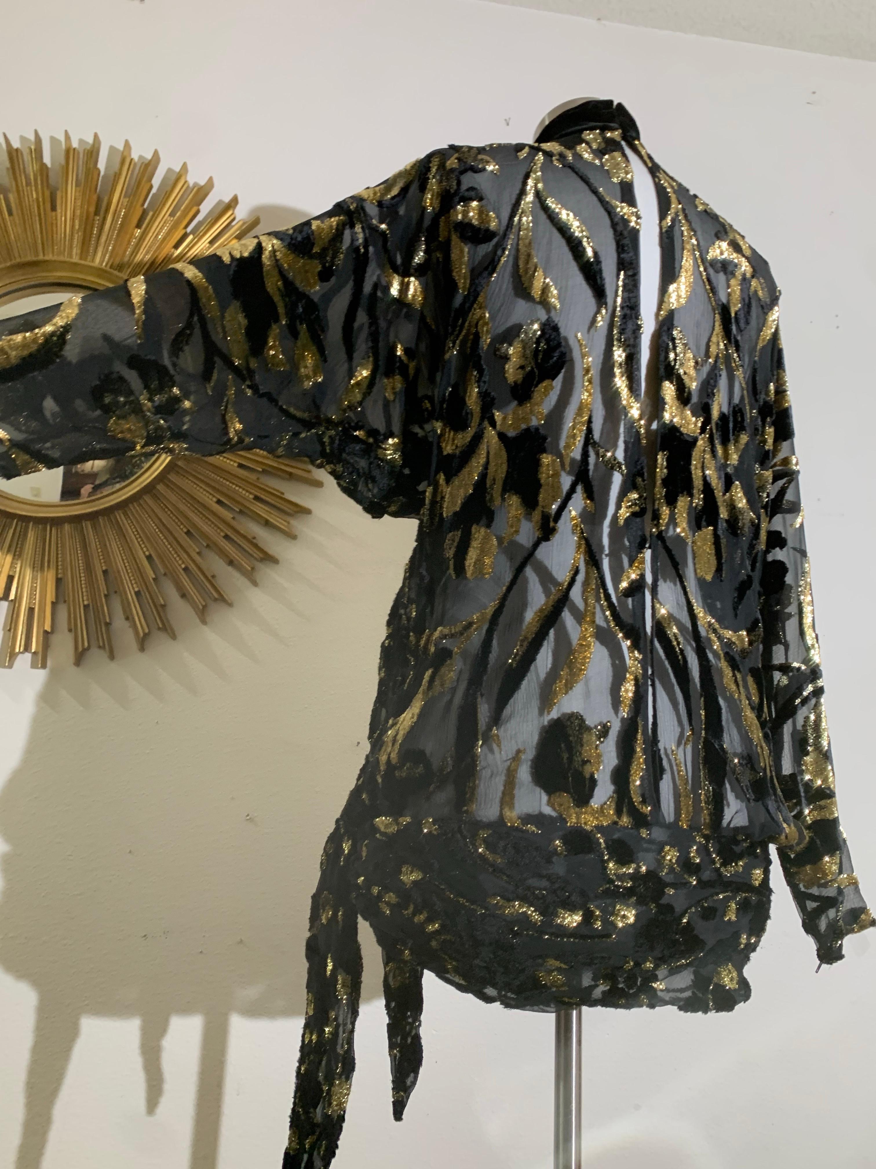 Top in velluto Devore in lurex nero e oro degli anni '80 con maniche lunghe e fusciacca legata ai fianchi in vendita 8