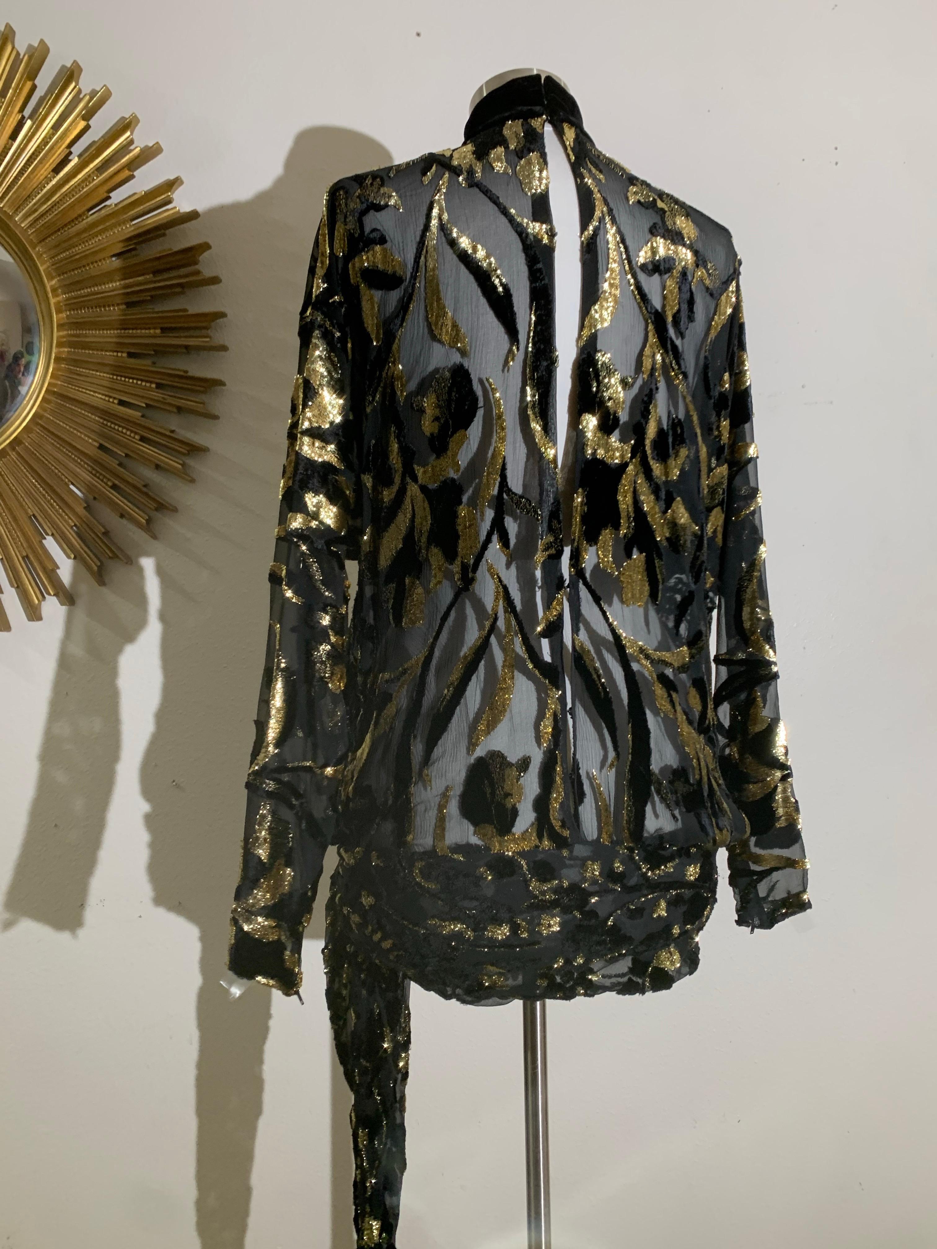 Top in velluto Devore in lurex nero e oro degli anni '80 con maniche lunghe e fusciacca legata ai fianchi in vendita 9