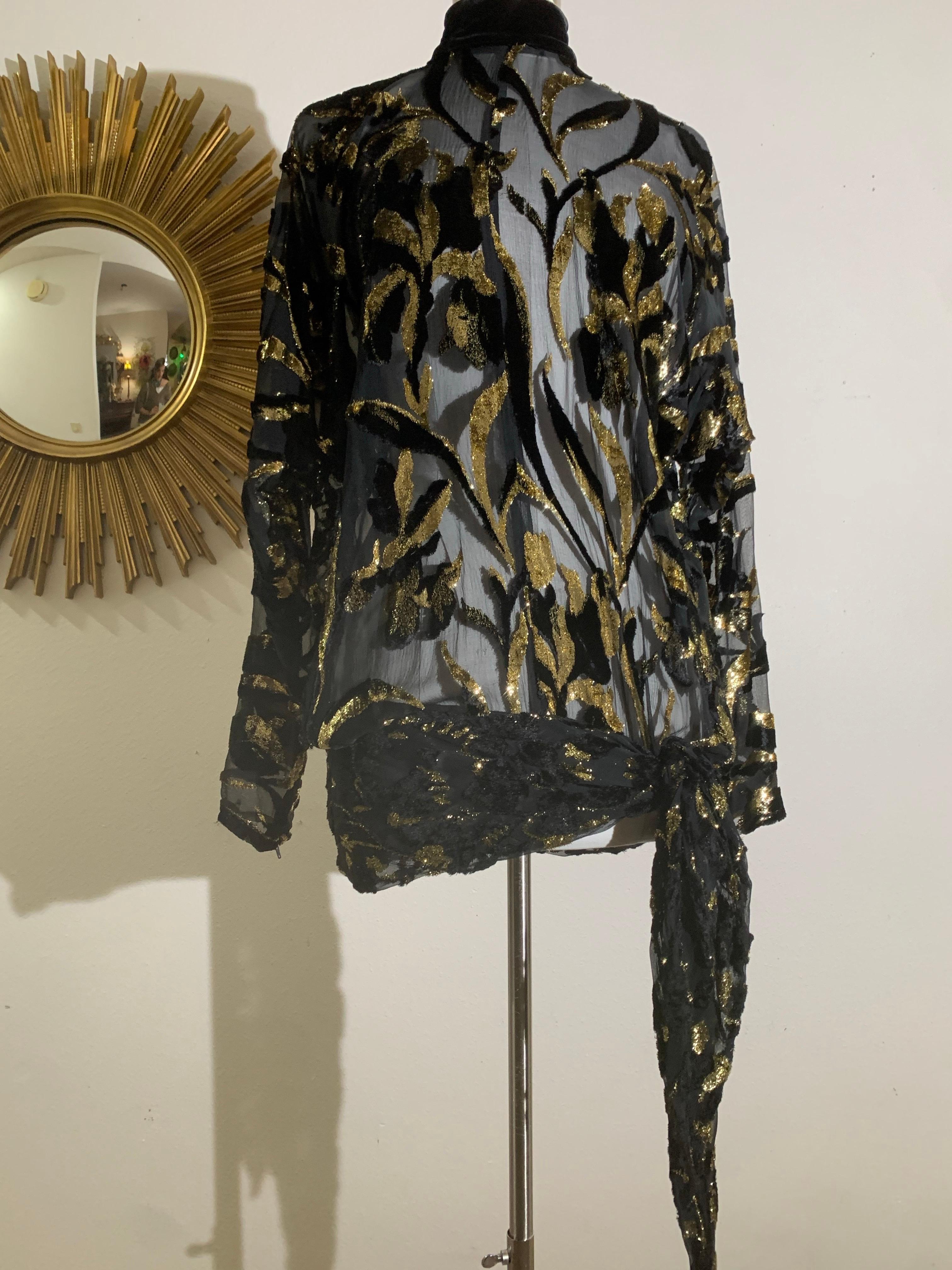 Top in velluto Devore in lurex nero e oro degli anni '80 con maniche lunghe e fusciacca legata ai fianchi in vendita 13