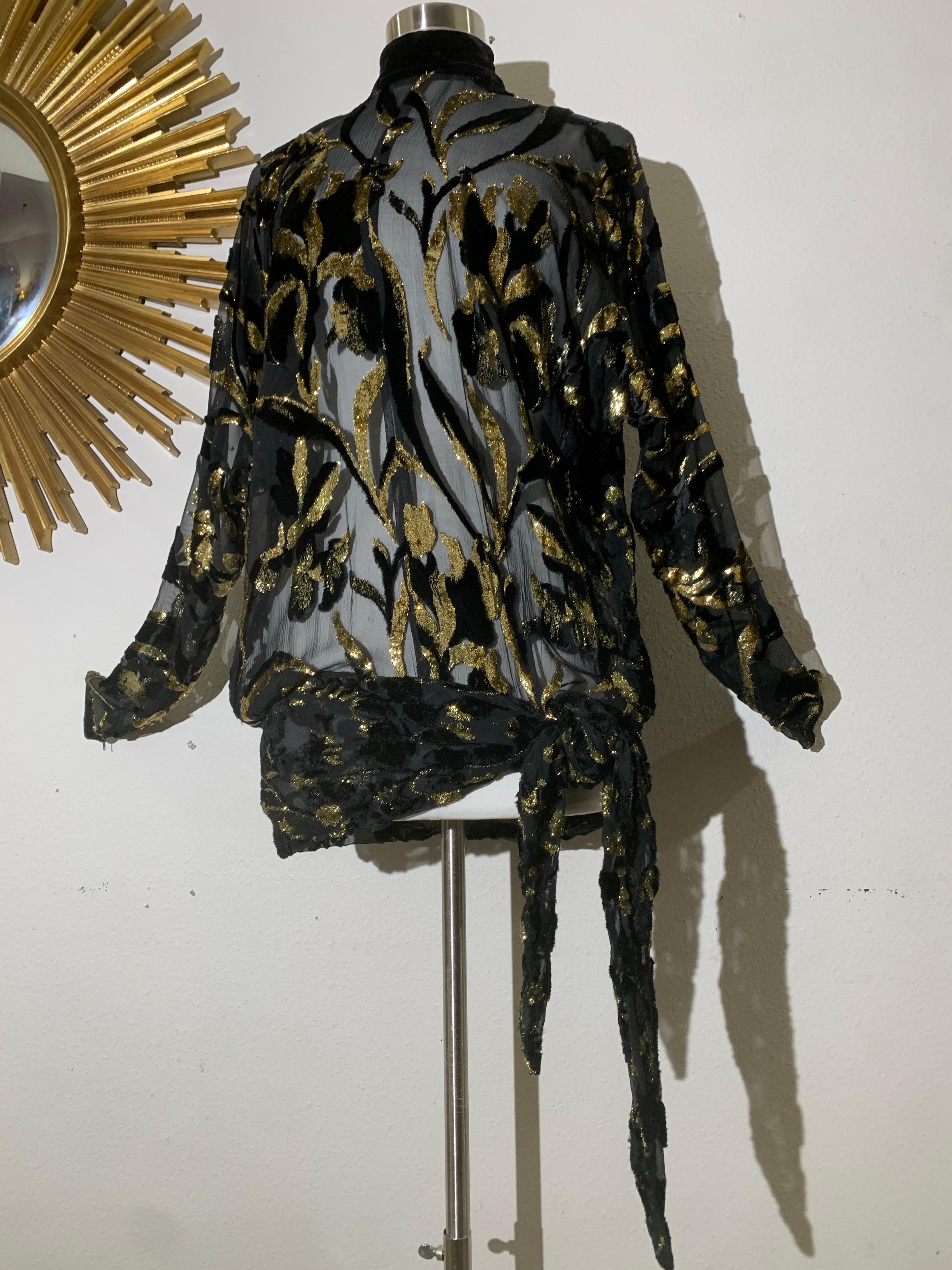 Nero Top in velluto Devore in lurex nero e oro degli anni '80 con maniche lunghe e fusciacca legata ai fianchi in vendita