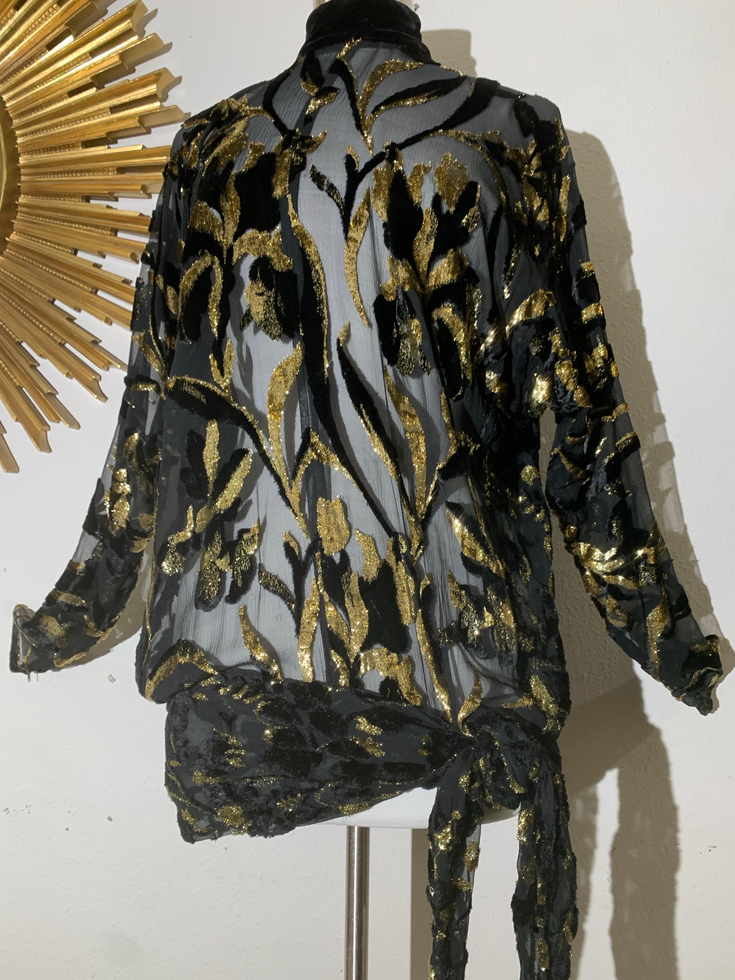 Top in velluto Devore in lurex nero e oro degli anni '80 con maniche lunghe e fusciacca legata ai fianchi In condizioni ottime in vendita a Gresham, OR