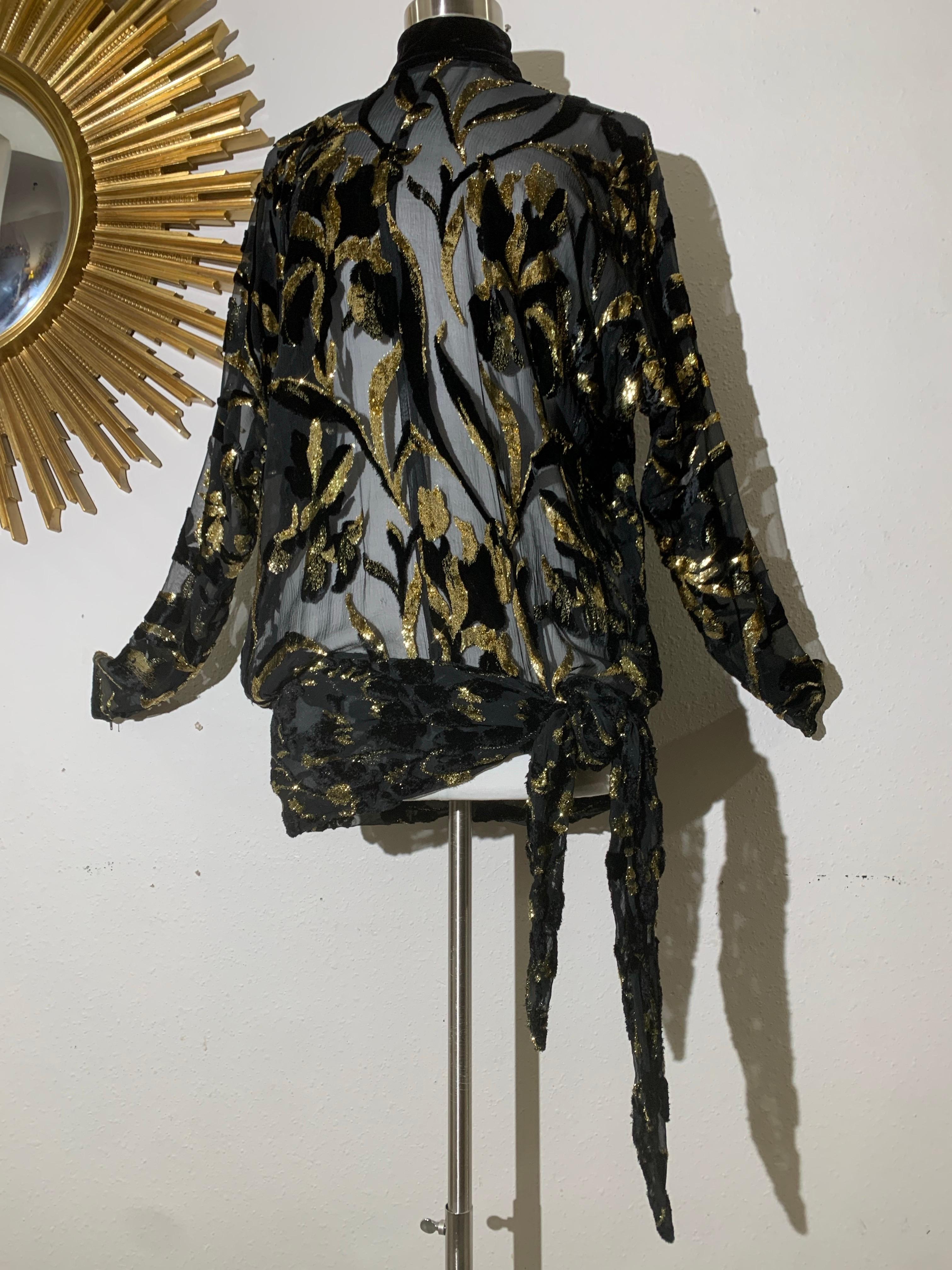 Donna Top in velluto Devore in lurex nero e oro degli anni '80 con maniche lunghe e fusciacca legata ai fianchi in vendita