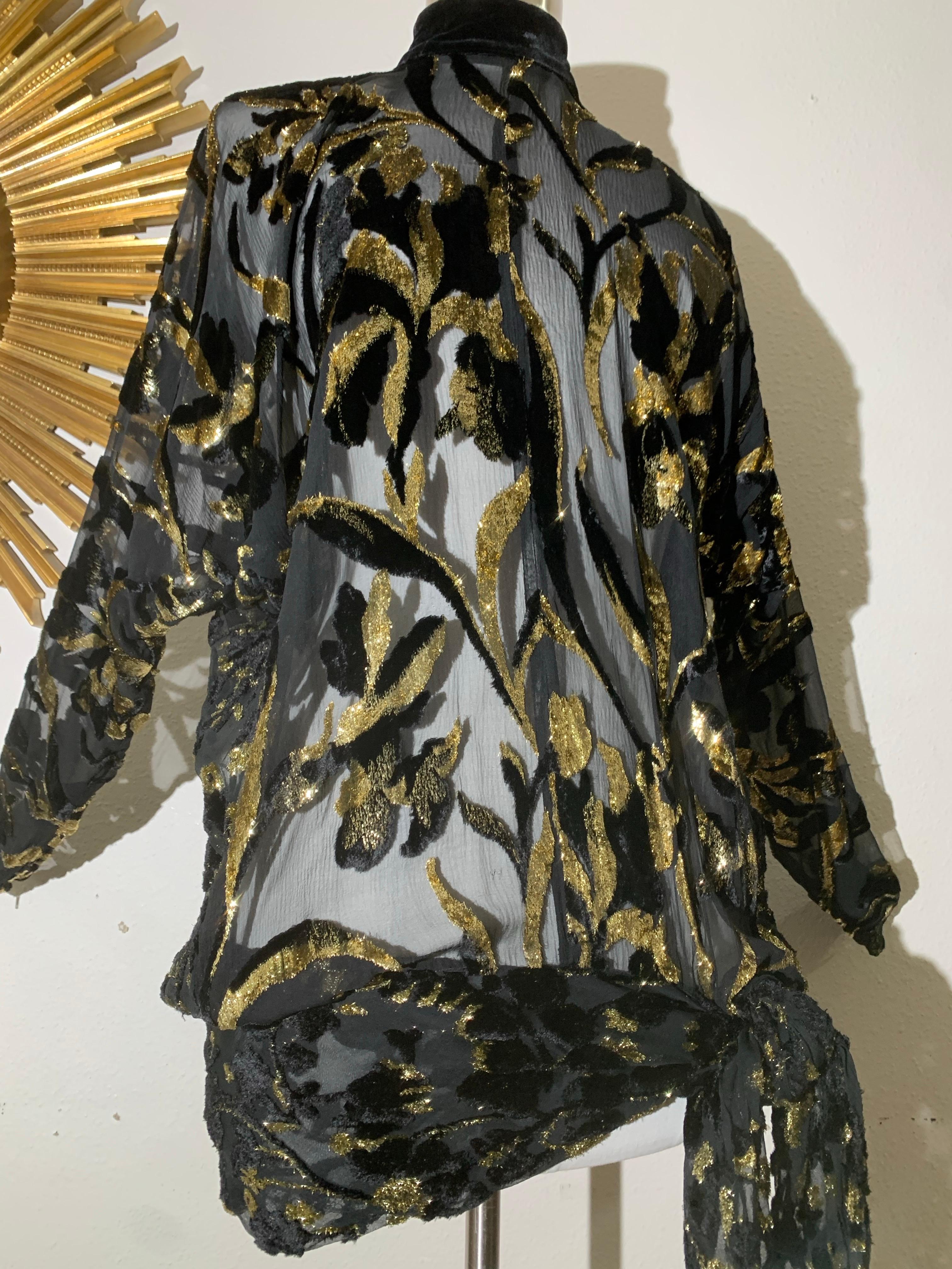 Top in velluto Devore in lurex nero e oro degli anni '80 con maniche lunghe e fusciacca legata ai fianchi in vendita 2