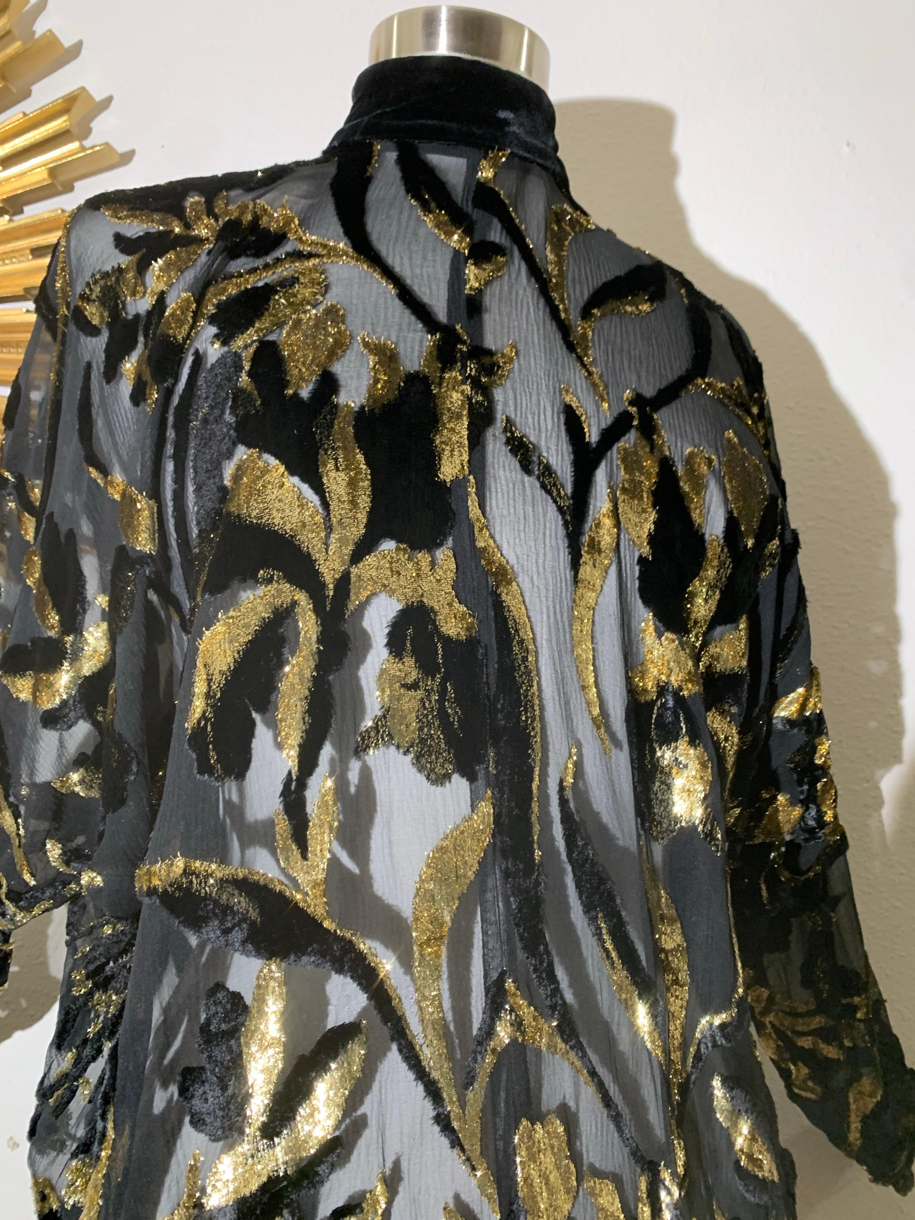 Top in velluto Devore in lurex nero e oro degli anni '80 con maniche lunghe e fusciacca legata ai fianchi in vendita 3