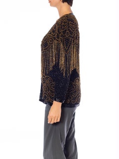 1980S Black & Gold Silk Beaded Fringe Jacket
