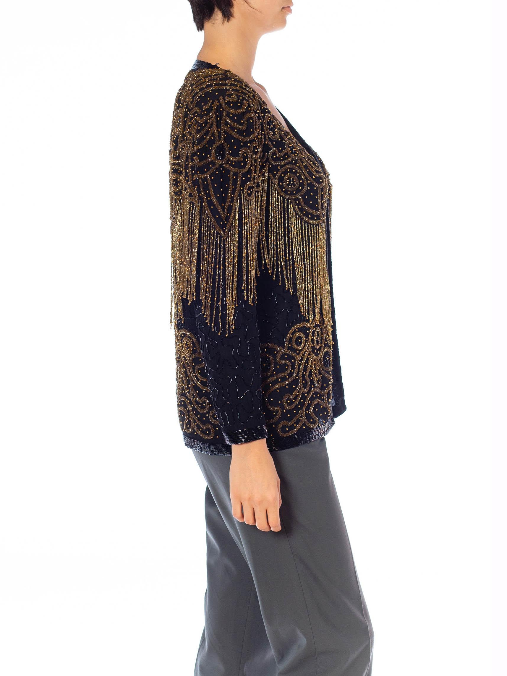 1980S Black & Gold Silk Beaded Fringe Jacket In Excellent Condition In New York, NY
