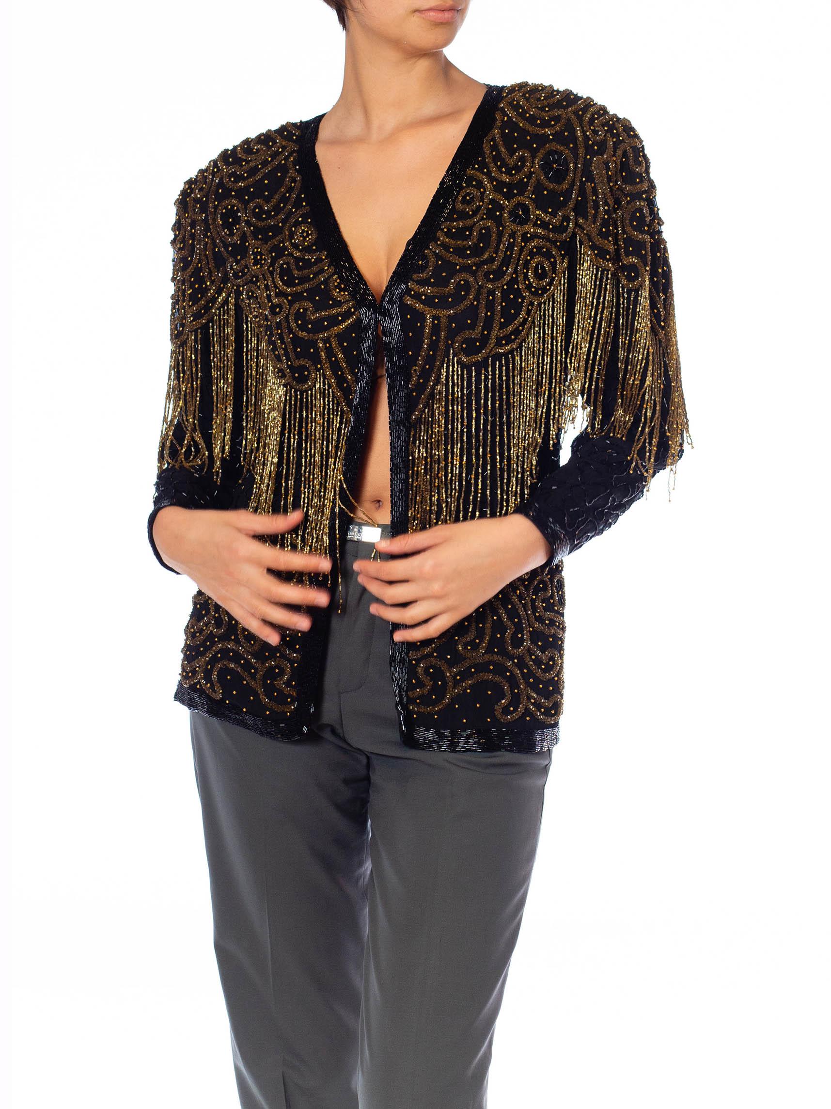Women's 1980S Black & Gold Silk Beaded Fringe Jacket