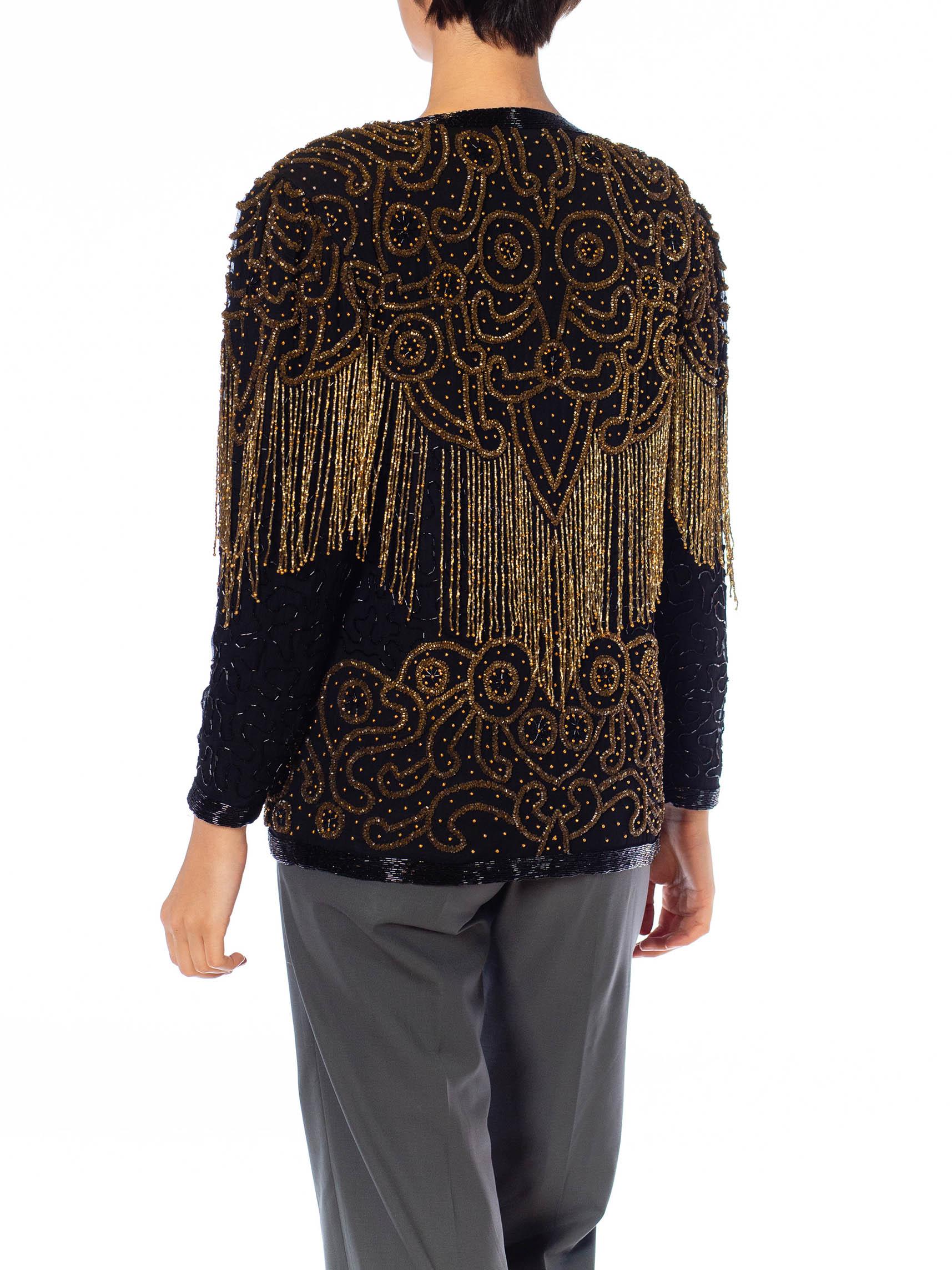 1980S Black & Gold Silk Beaded Fringe Jacket 1