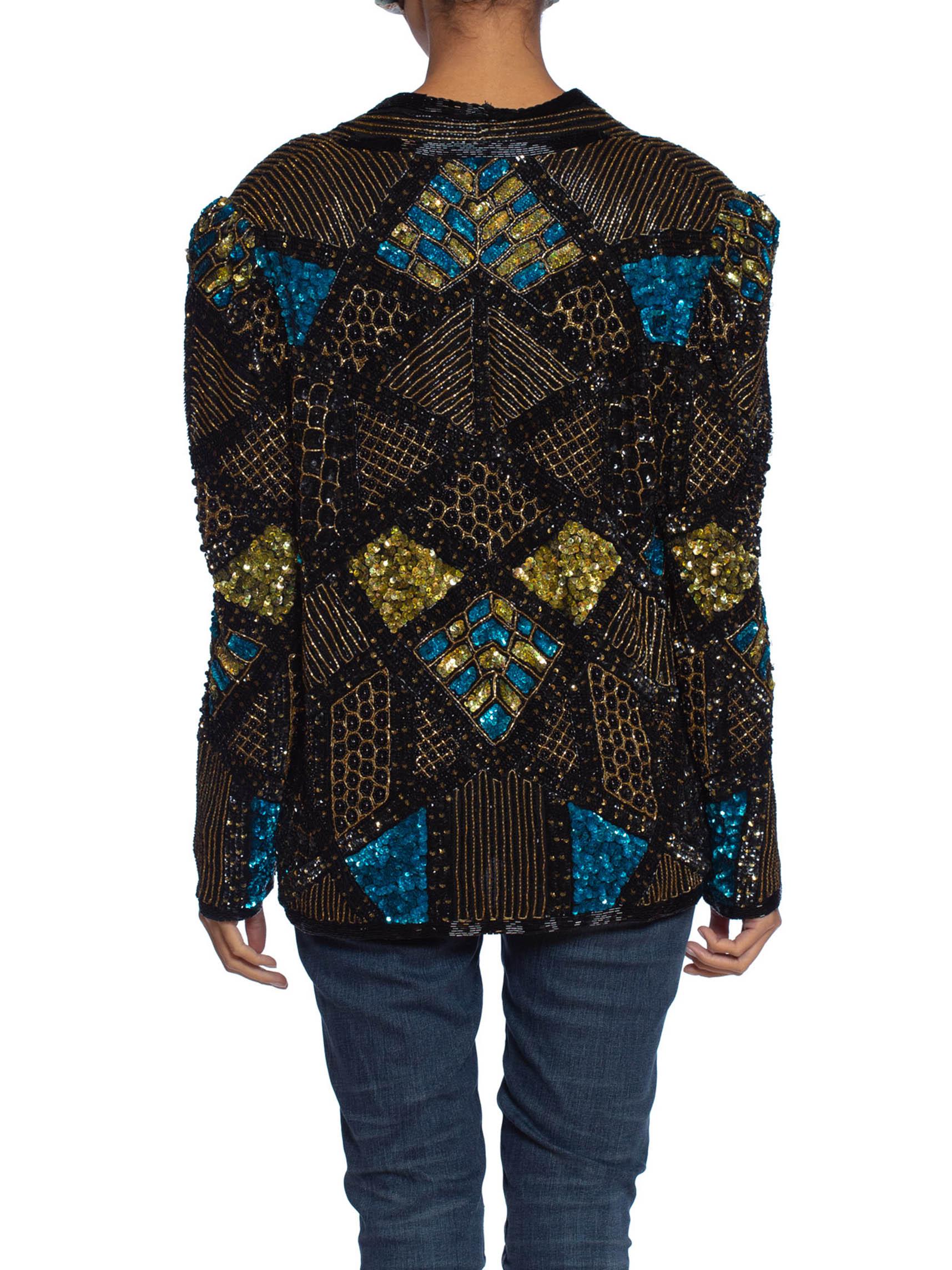 1980S Black & Gold Silk Beaded Jacket With Teal Sequin Highlights In Excellent Condition In New York, NY