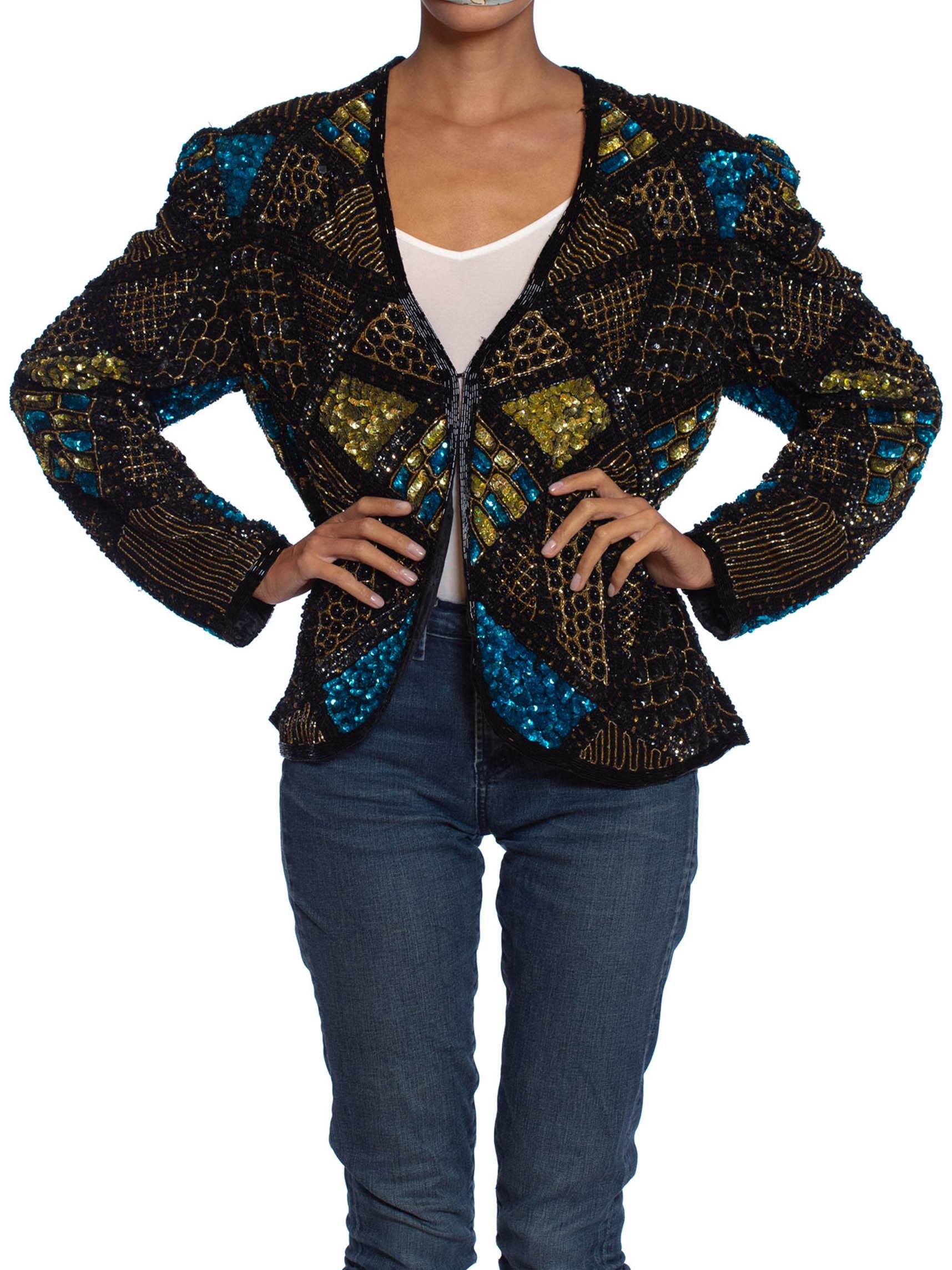Women's 1980S Black & Gold Silk Beaded Jacket With Teal Sequin Highlights