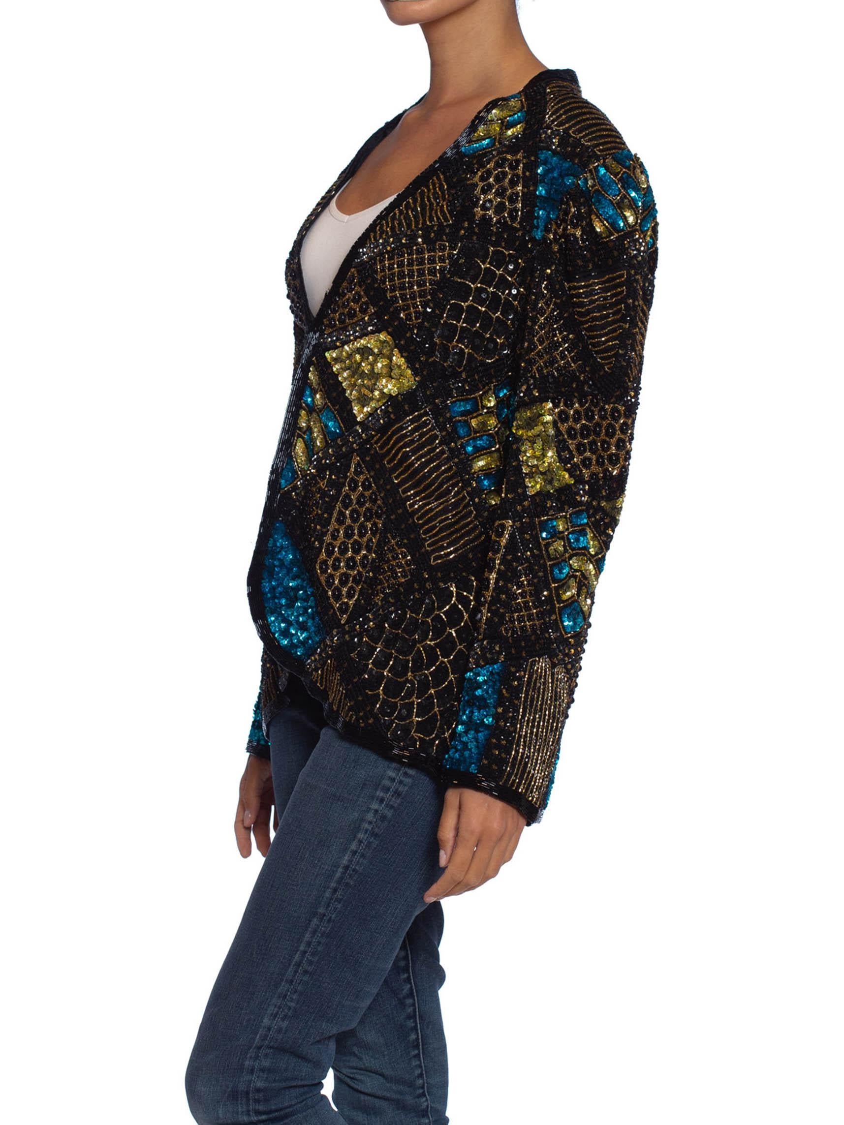 1980S Black & Gold Silk Beaded Jacket With Teal Sequin Highlights 1