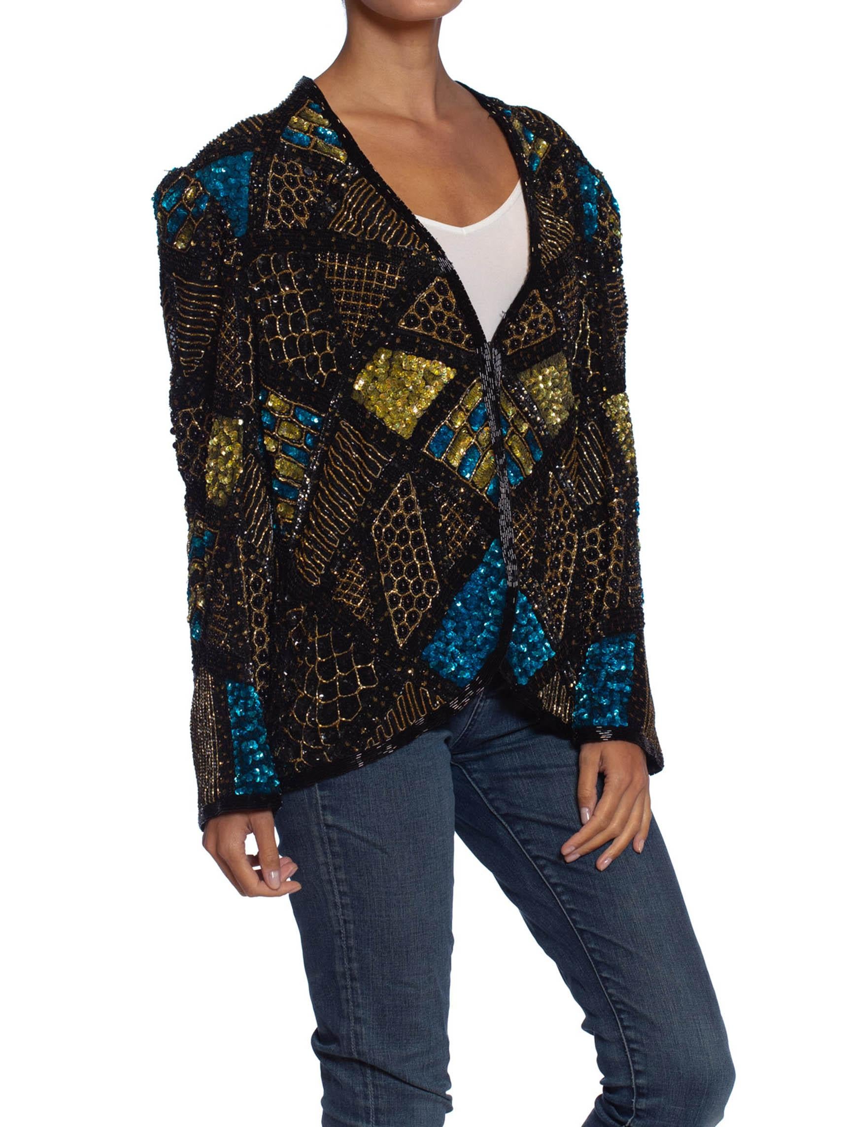 1980S Black & Gold Silk Beaded Jacket With Teal Sequin Highlights 2