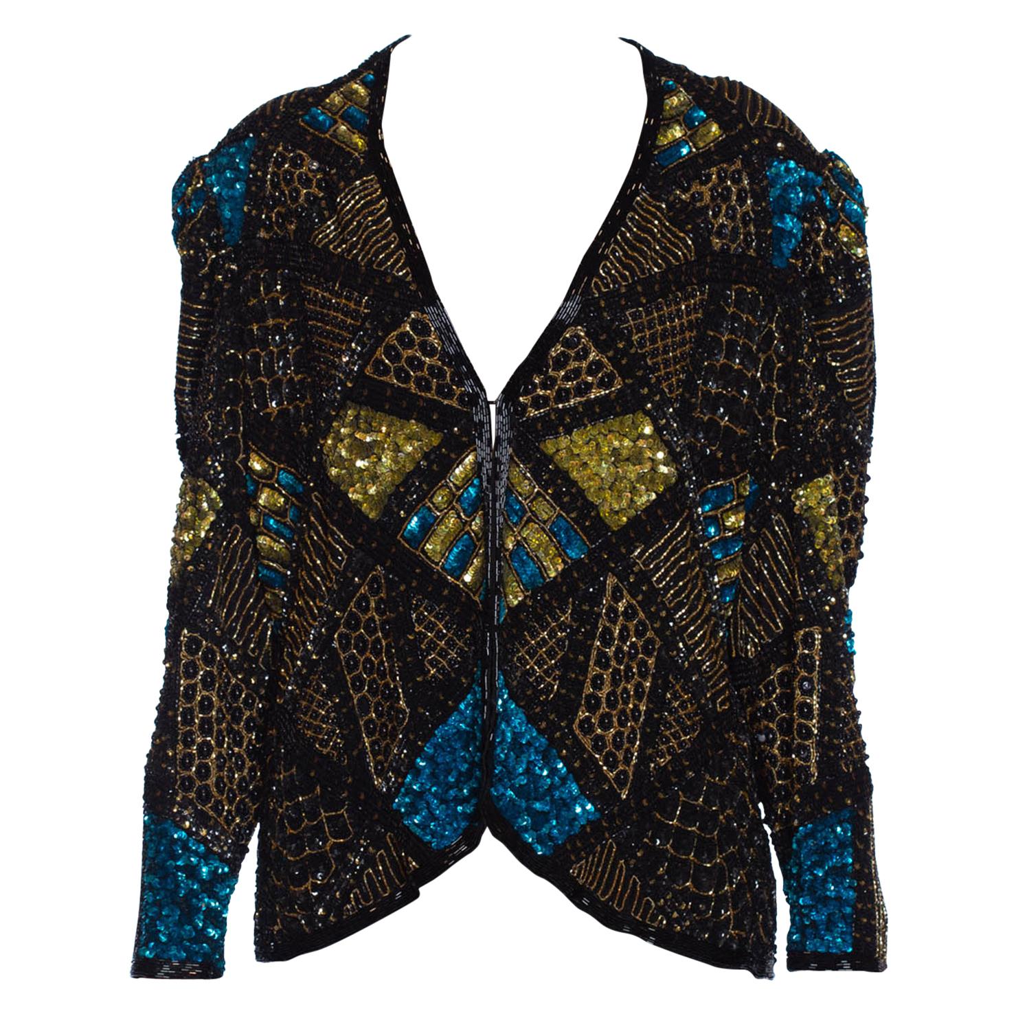 1980S Black & Gold Silk Beaded Jacket With Teal Sequin Highlights
