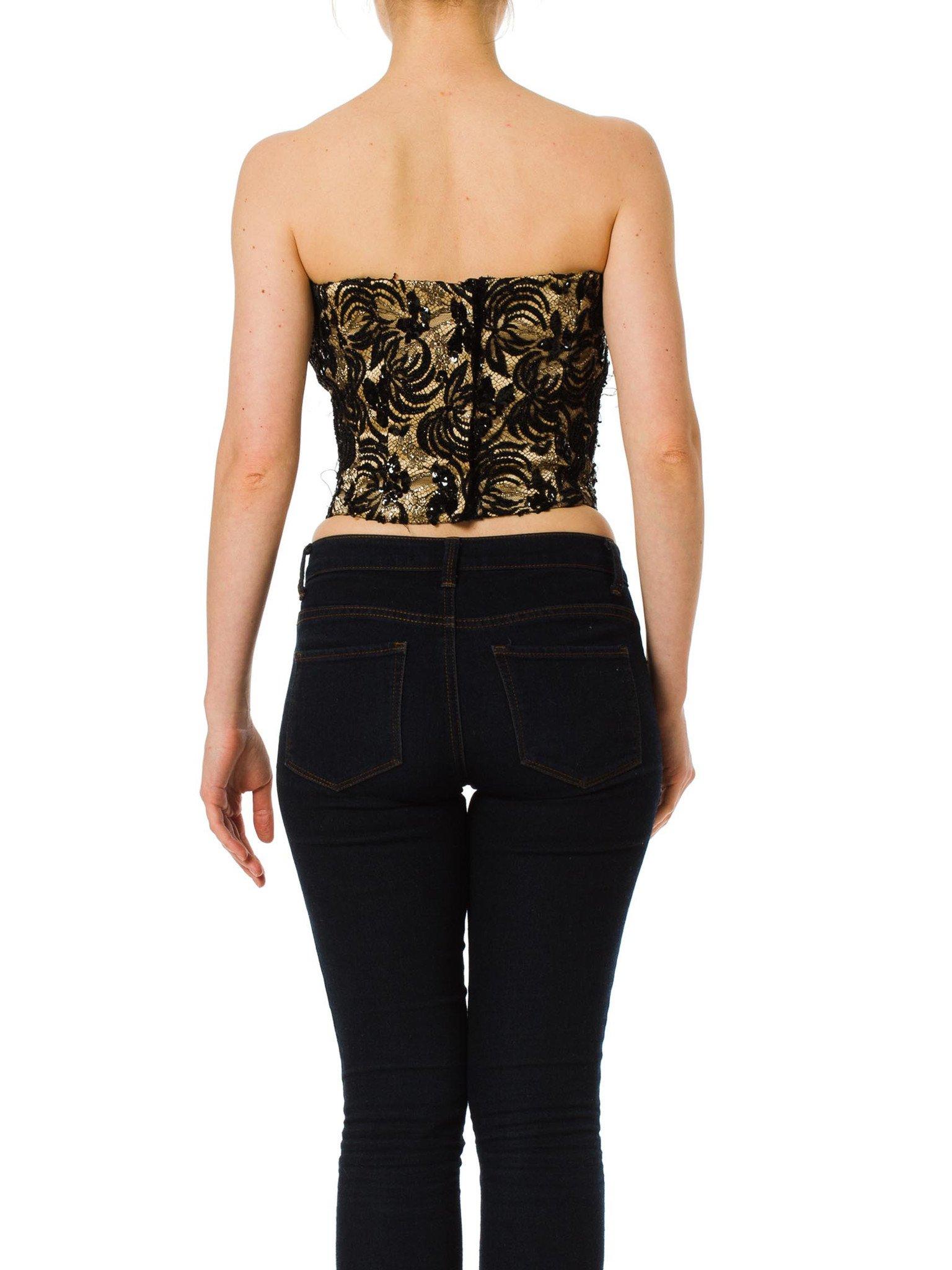 1980S Black Hand Beaded Silk Charmeuse & Metallic Lace Strapless Bustier Top In Excellent Condition In New York, NY
