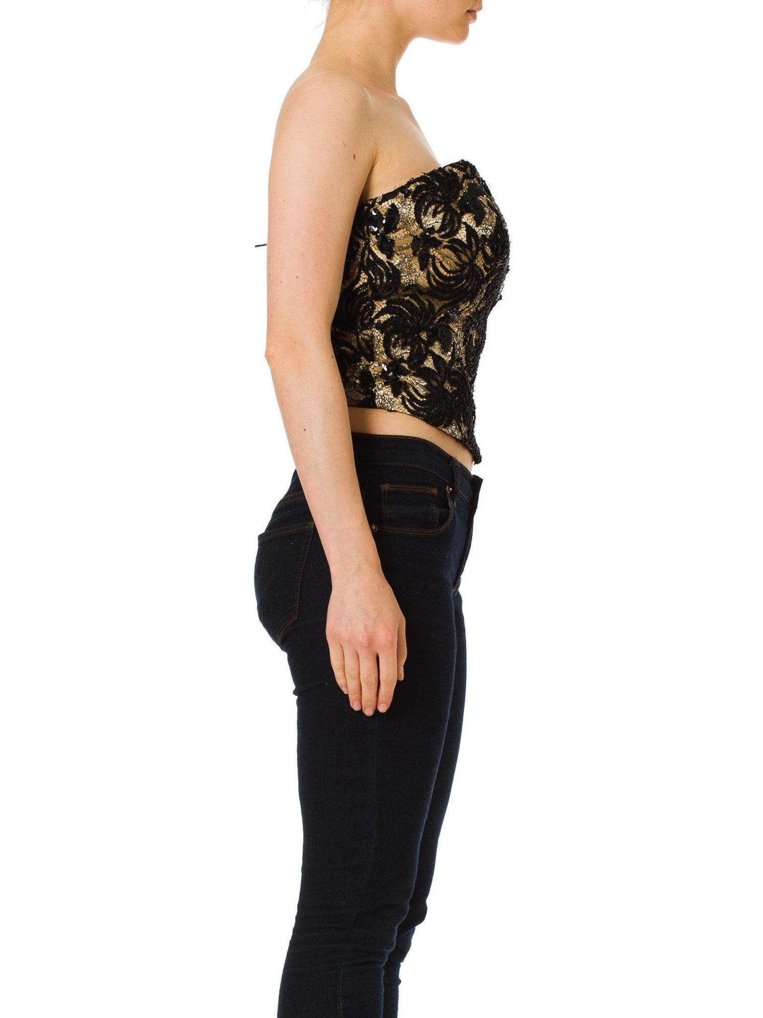 1980S Black Hand Beaded Silk Charmeuse & Metallic Lace Strapless Bustier Top 1