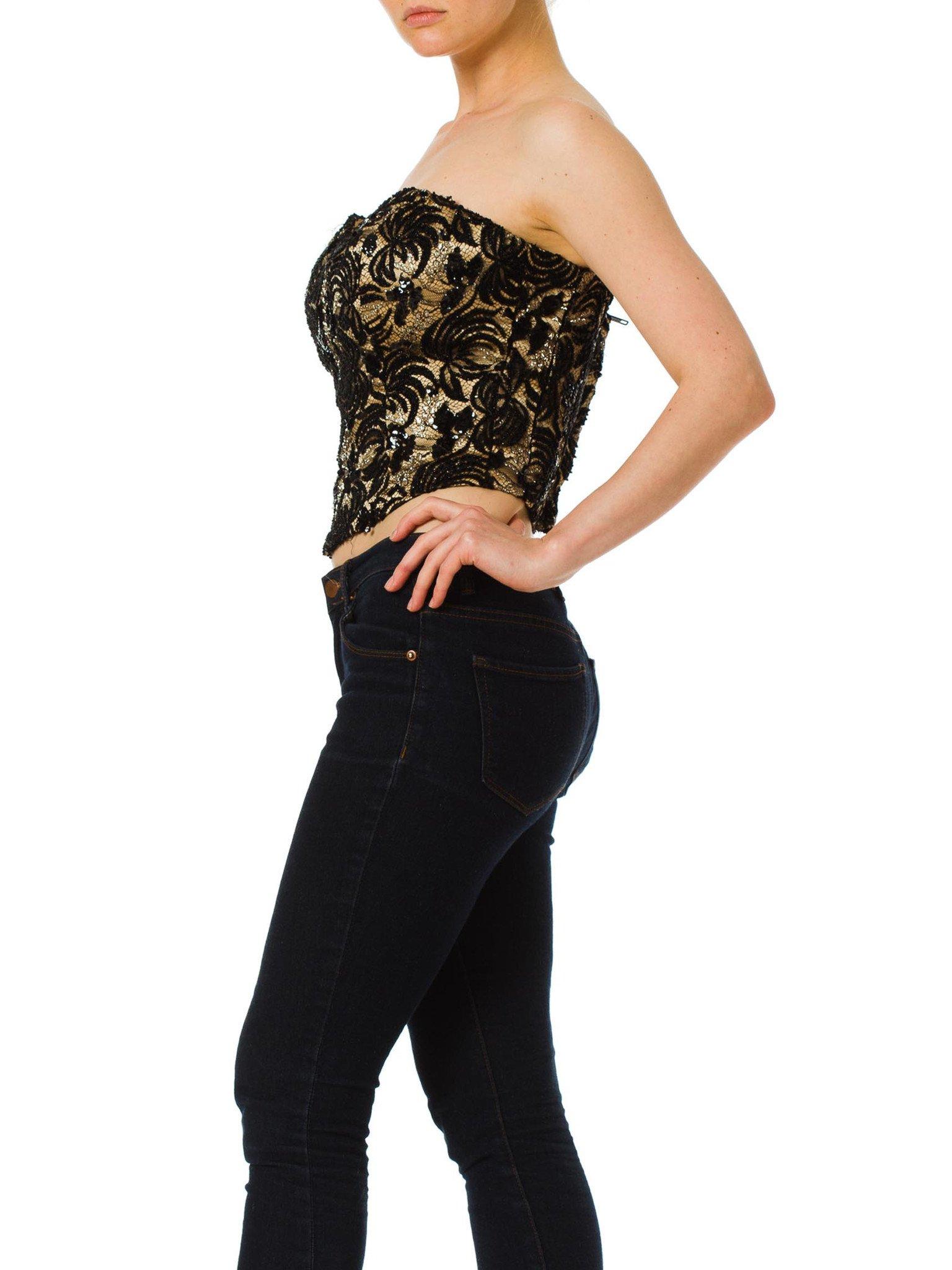 1980S Black Hand Beaded Silk Charmeuse & Metallic Lace Strapless Bustier Top 2