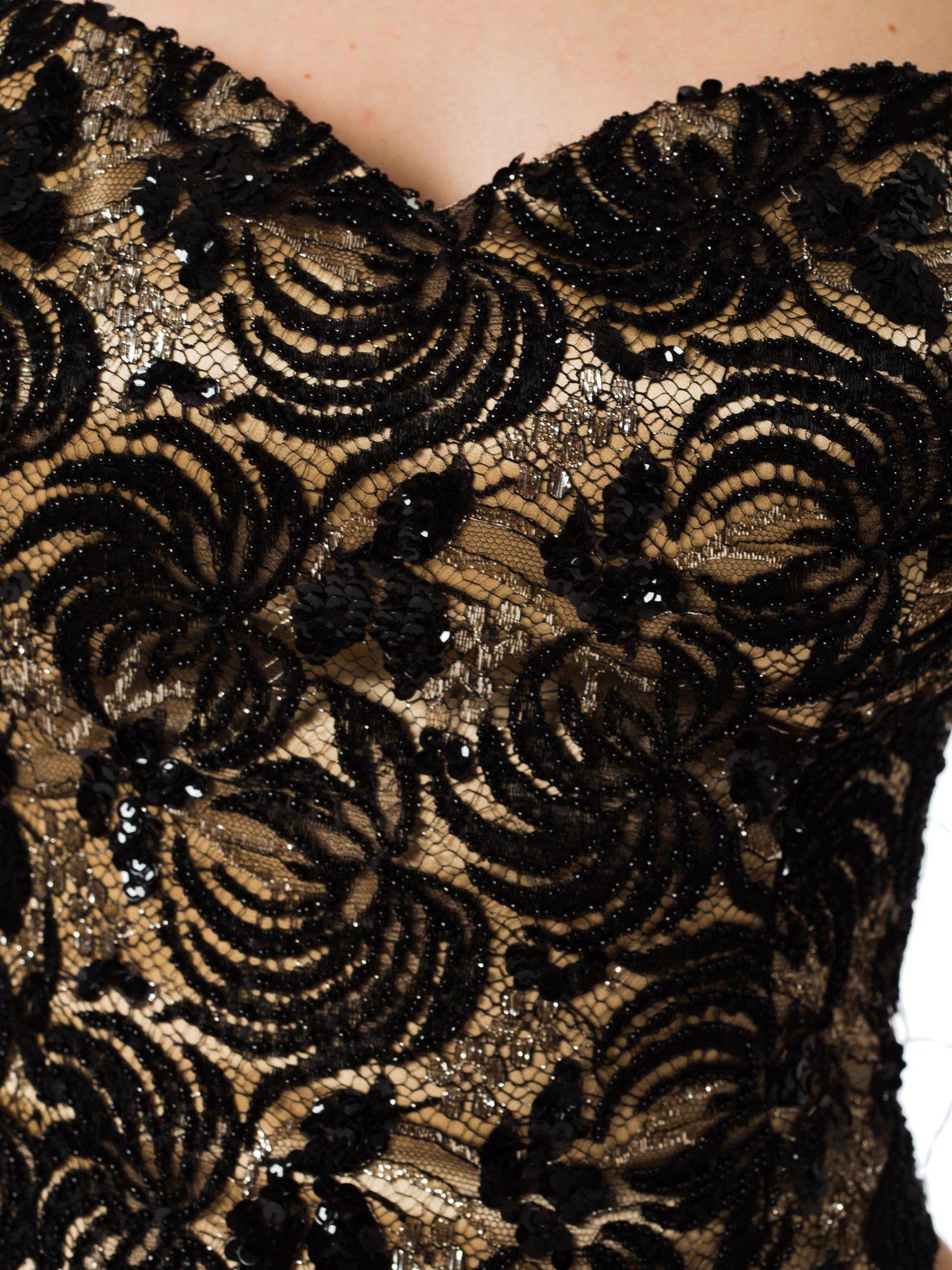 1980S Black Hand Beaded Silk Charmeuse & Metallic Lace Strapless Bustier Top 3
